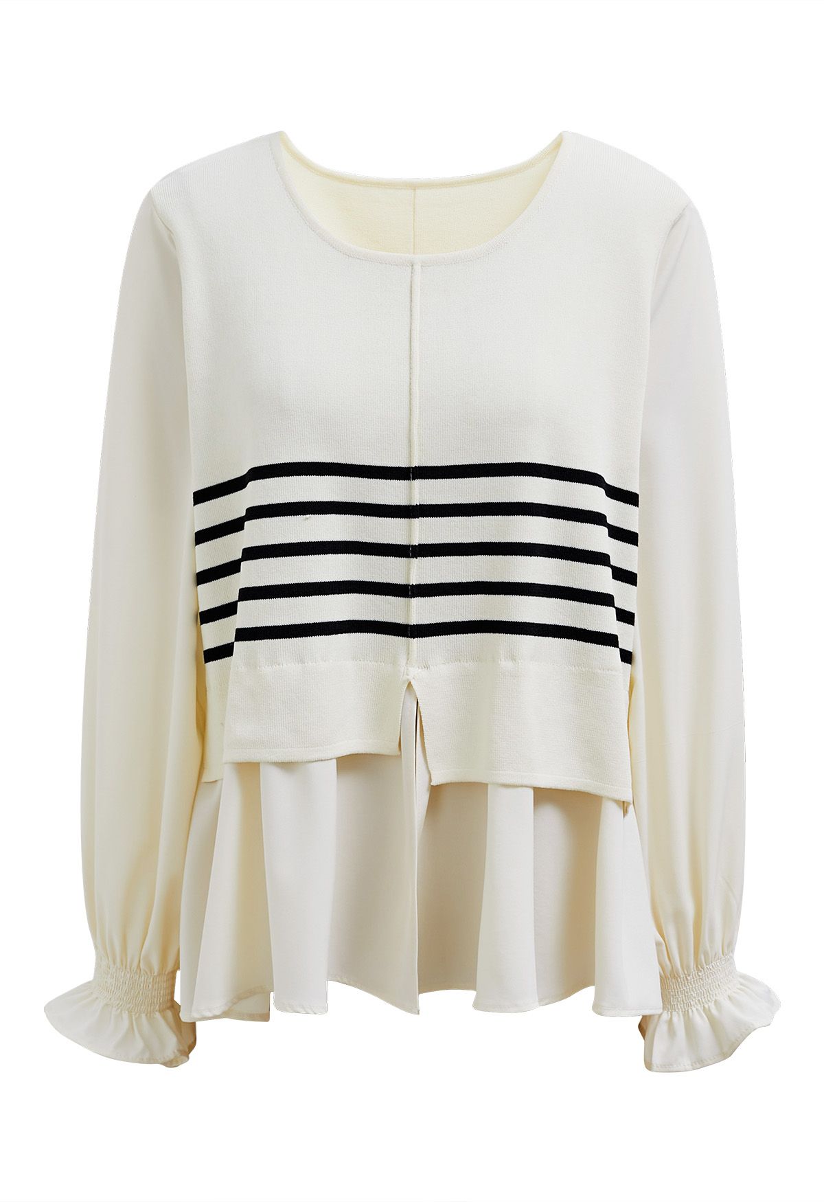 Chic Striped Knit Spliced Peplum Top in Cream