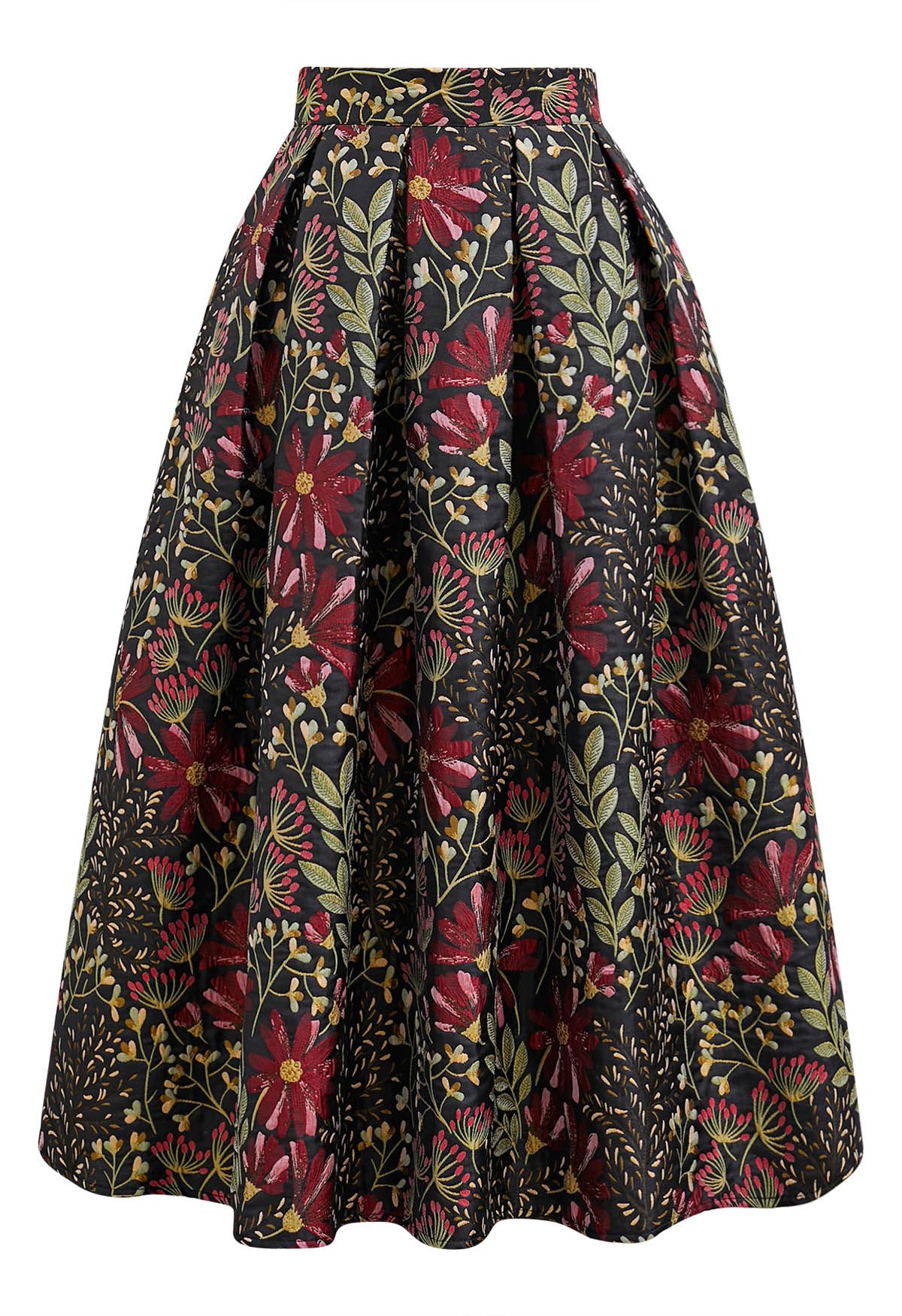 Cheerful Daisy Field Jacquard Pleated Midi Skirt in Black