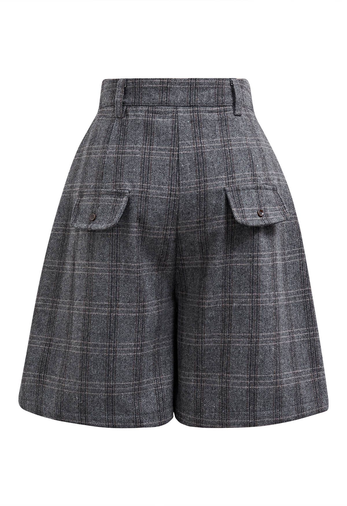 Throwback Plaid Wool-Blend Shorts in Grey