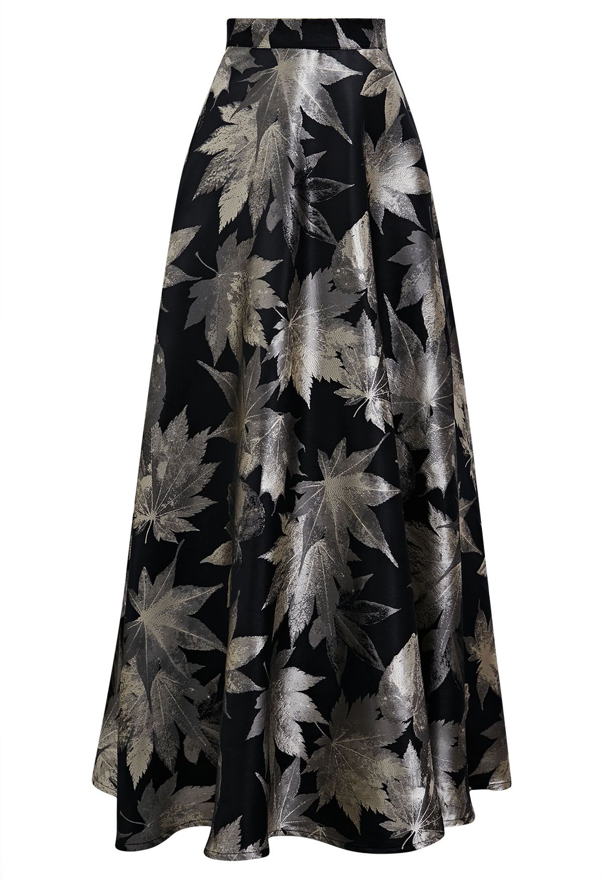 Opulent Maple Leaf Jacquard Flare Maxi Skirt