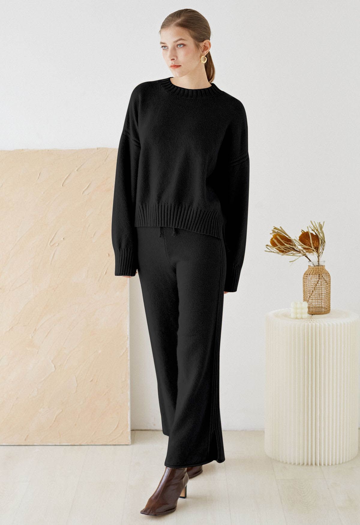 Waffle Knit Hi-Lo Sweater and Wide Leg Pants Set in Black