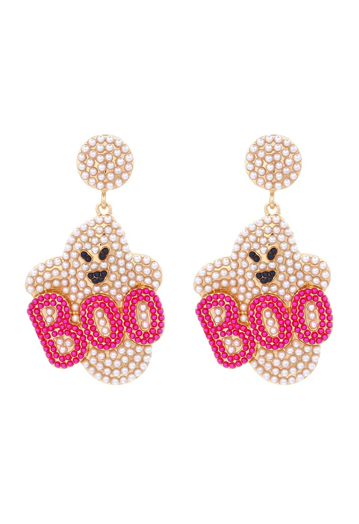 BOO Evil Ghost Pearl Earrings in Hot Pink