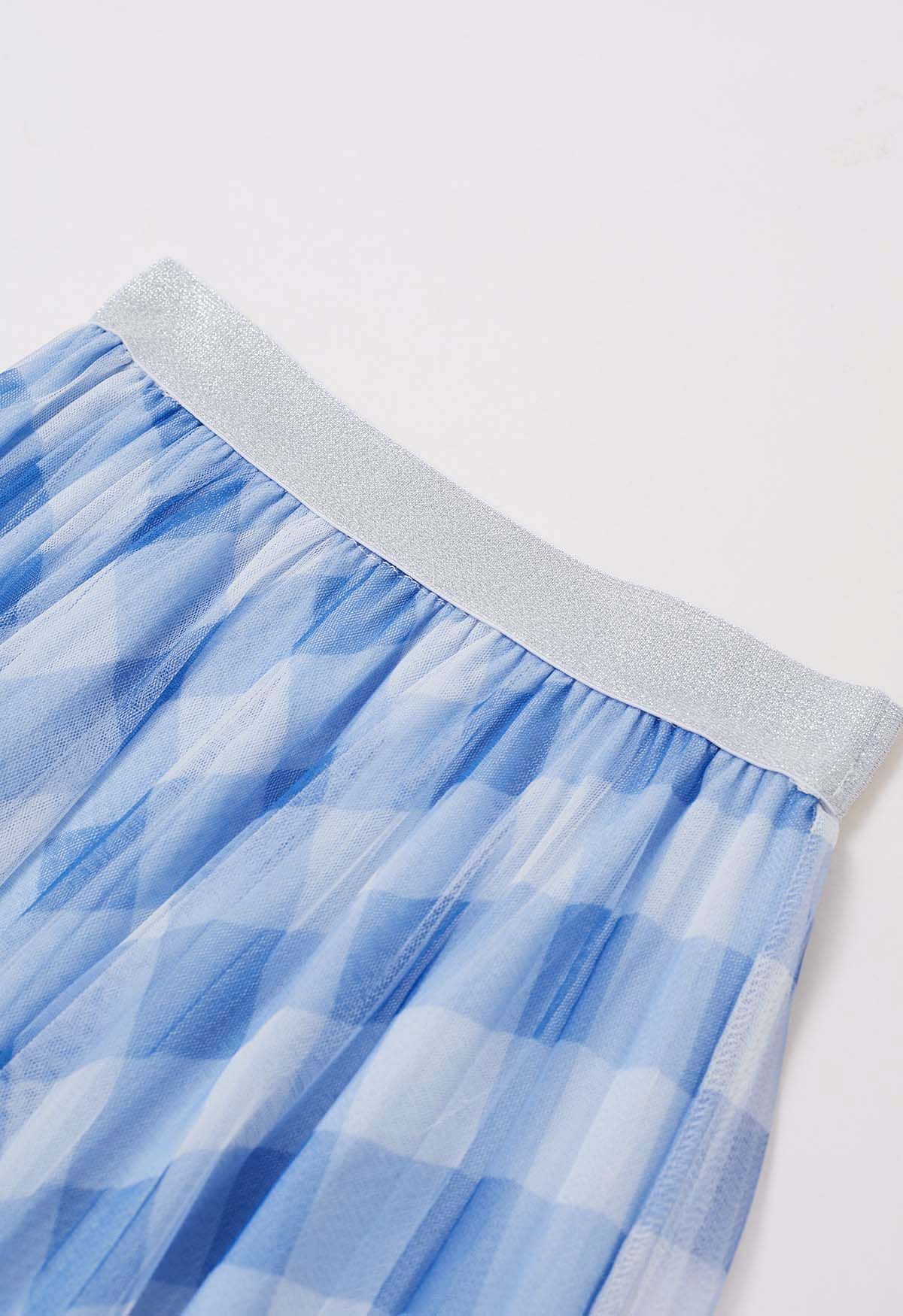 Gingham Print Mesh Tulle Midi Skirt in Blue