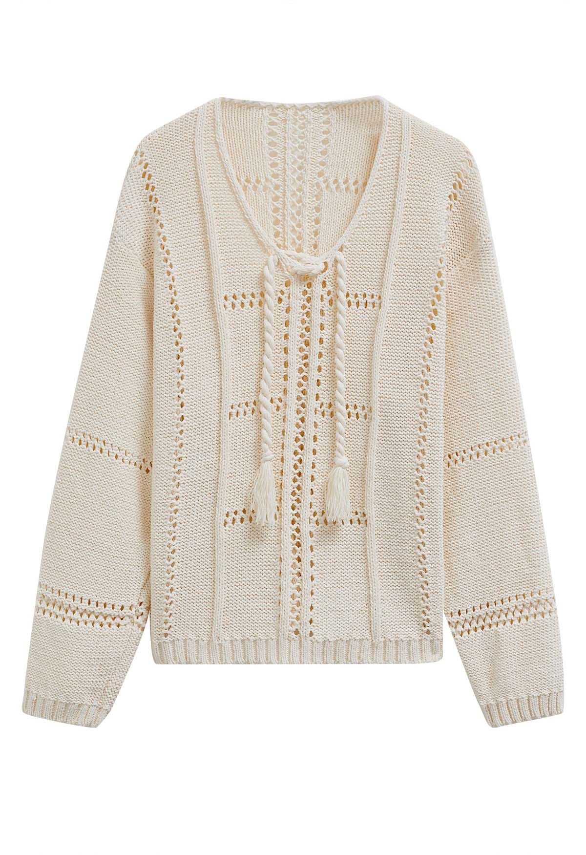 Hollow Out Tie-Neck Knit Top in Cream