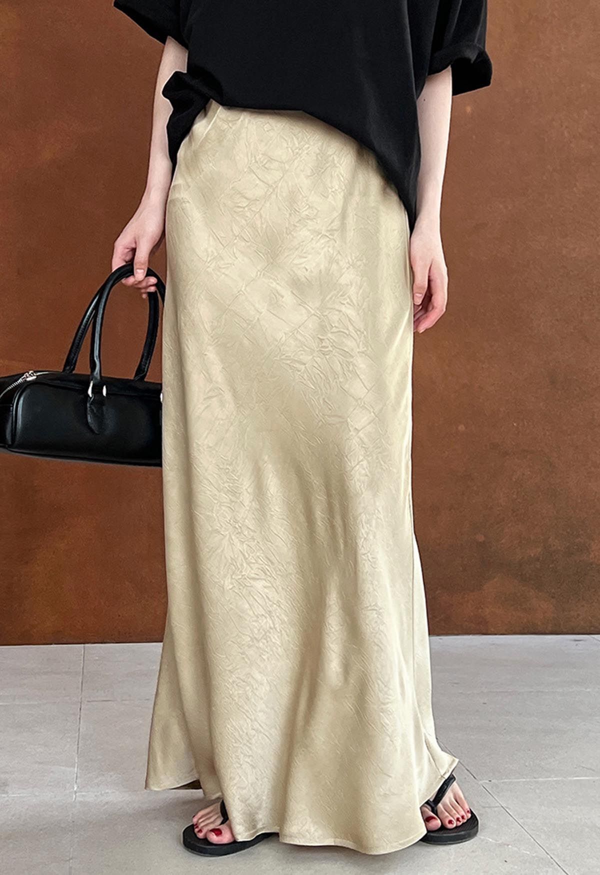 Satin Embossed Texture Mermaid Maxi Skirt in Champagne