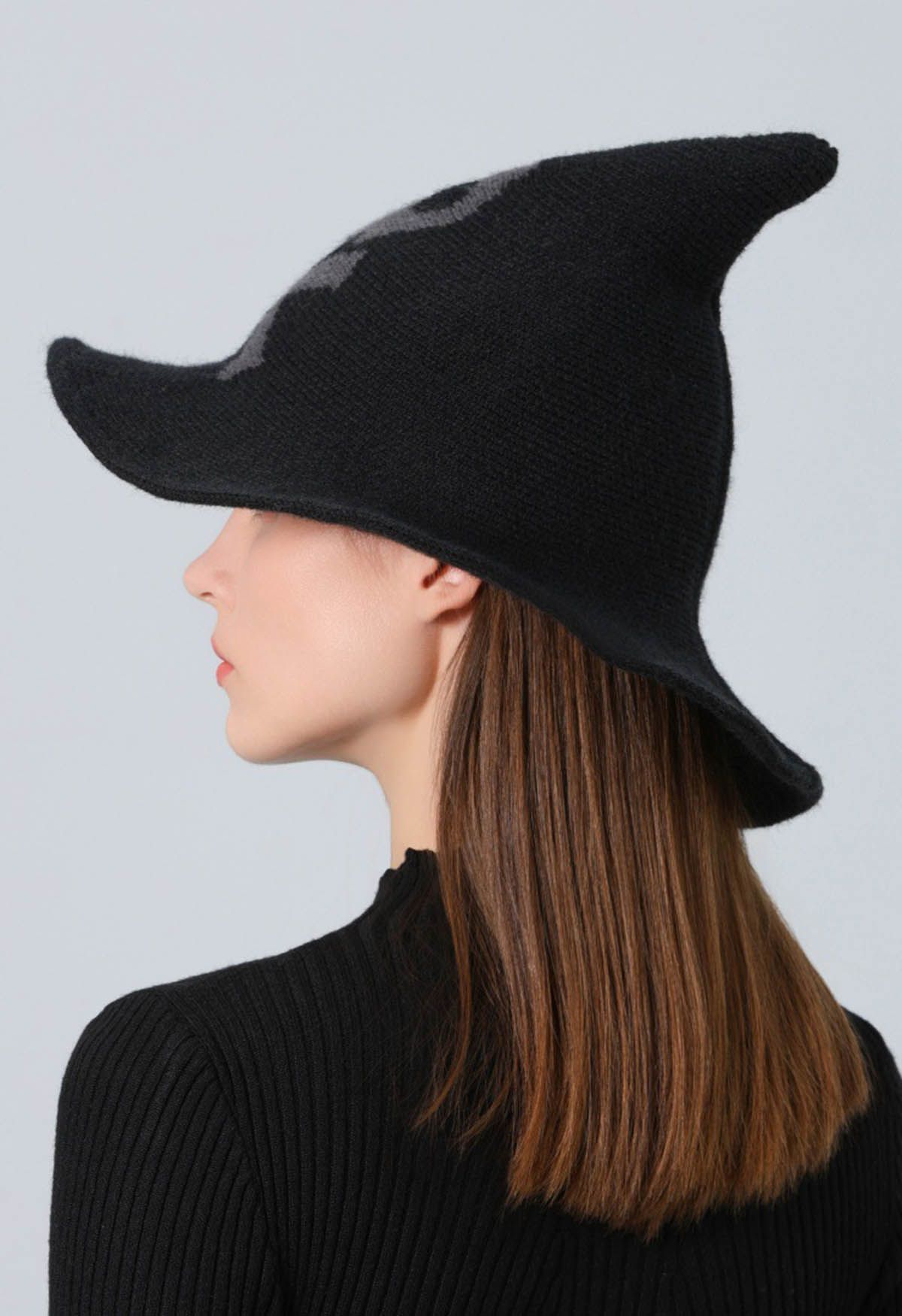 Skull Pattern Wool-Blend Witch Hat in Black