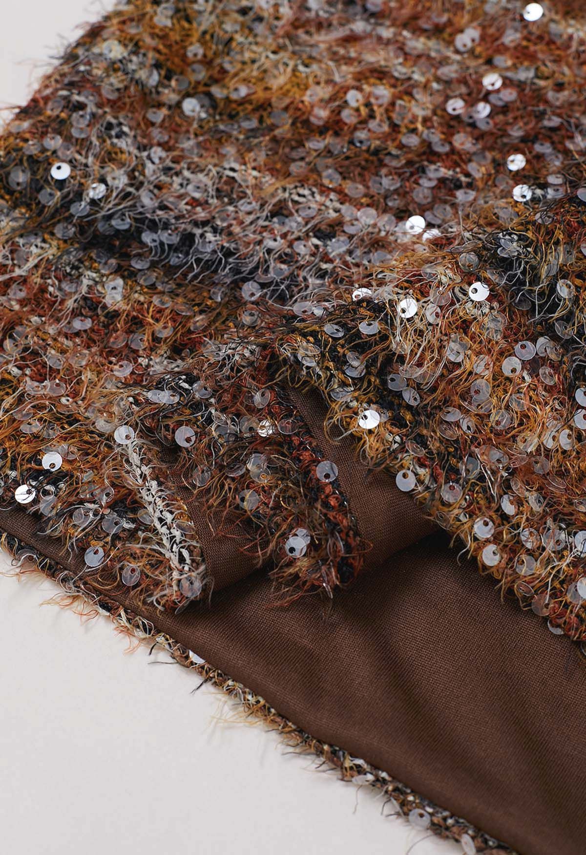 Sequin Mosaic Fuzzy Crop Top in Caramel