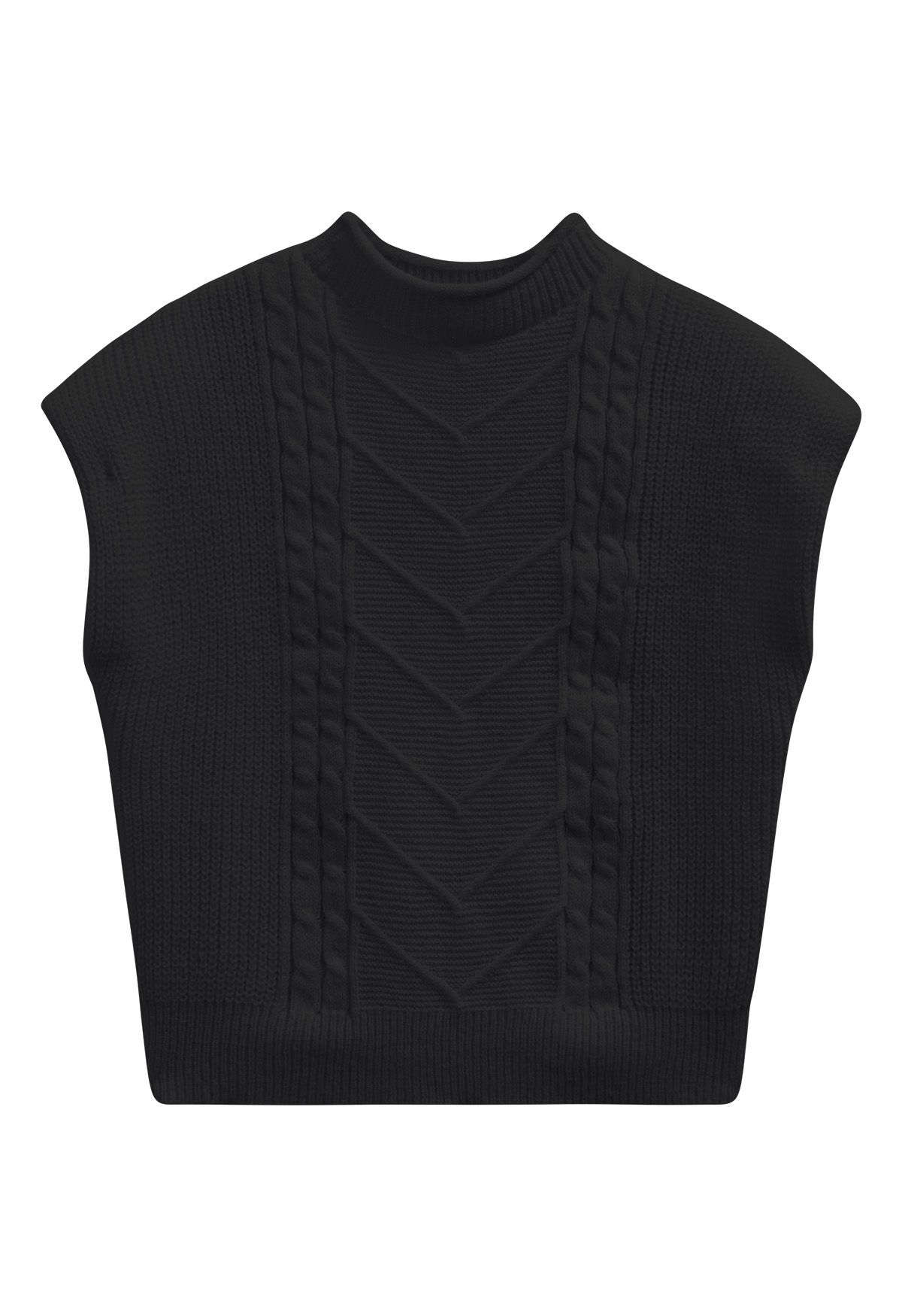 Mock Neck Padded Shoulder Cable Knit Top in Black