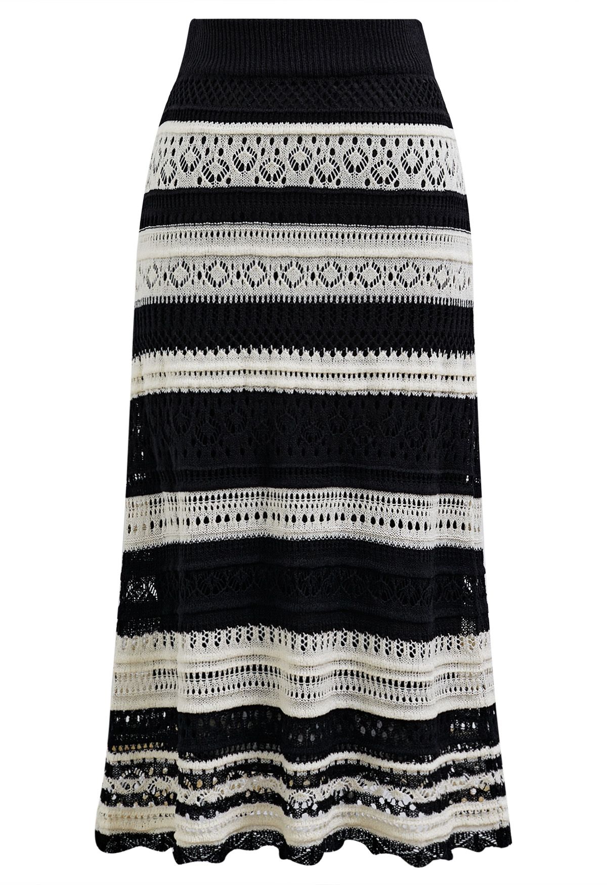 Striped Pointelle Lace Knit Midi Skirt in Black