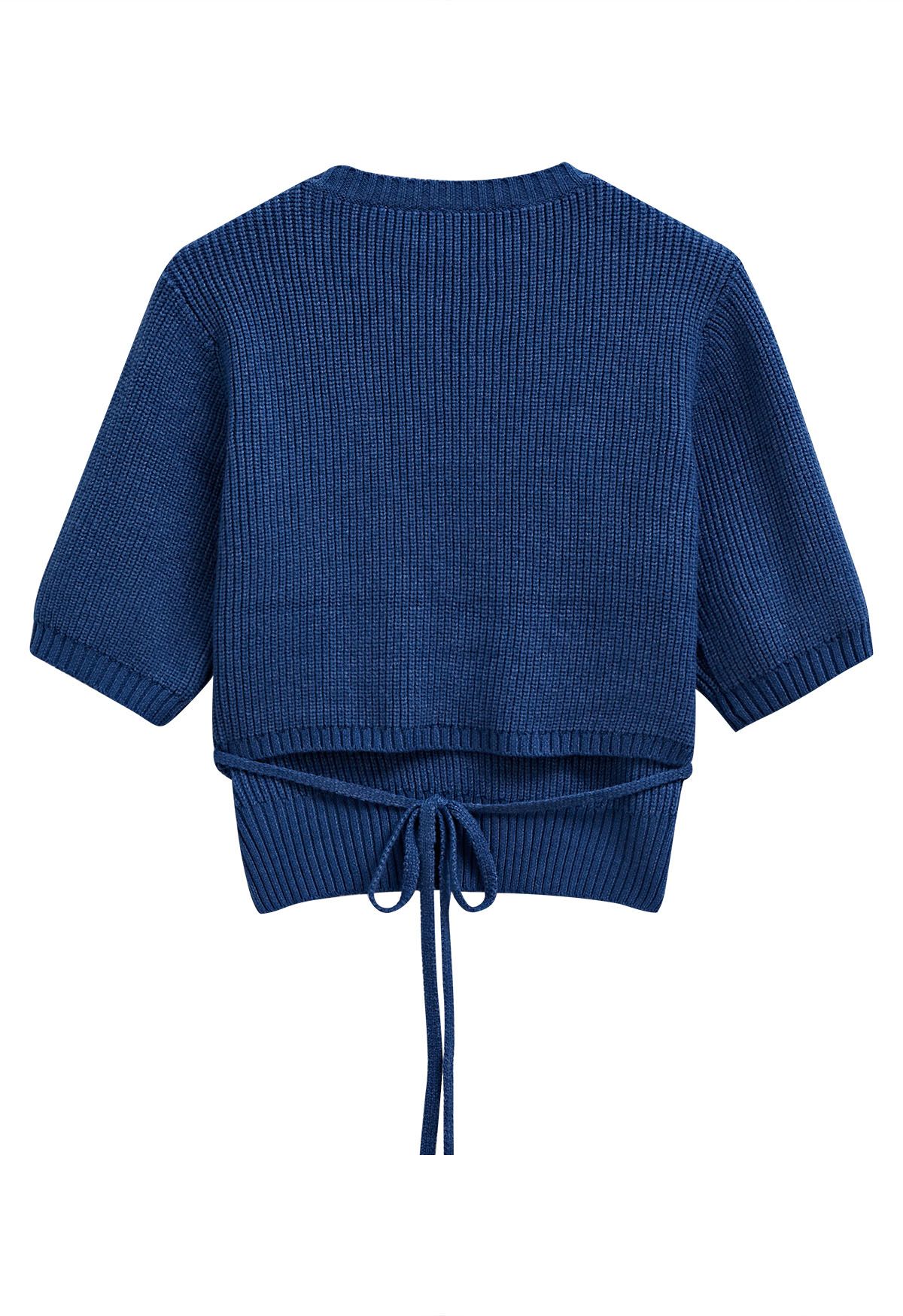 Tie-String Back Ribbed Knit Sweater in Navy