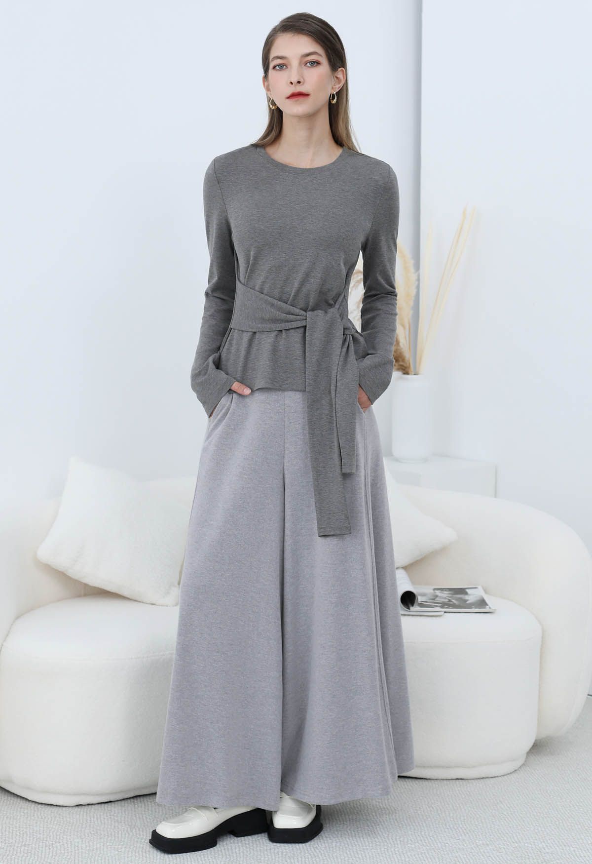 Embrace Softness Tie-Waist Cotton Top in Smoke