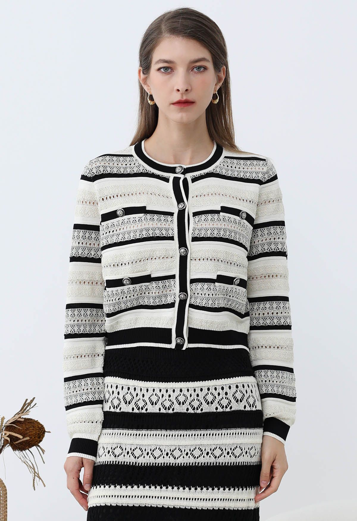 Striped Pointelle Lace Knit Button Cardigan in Black