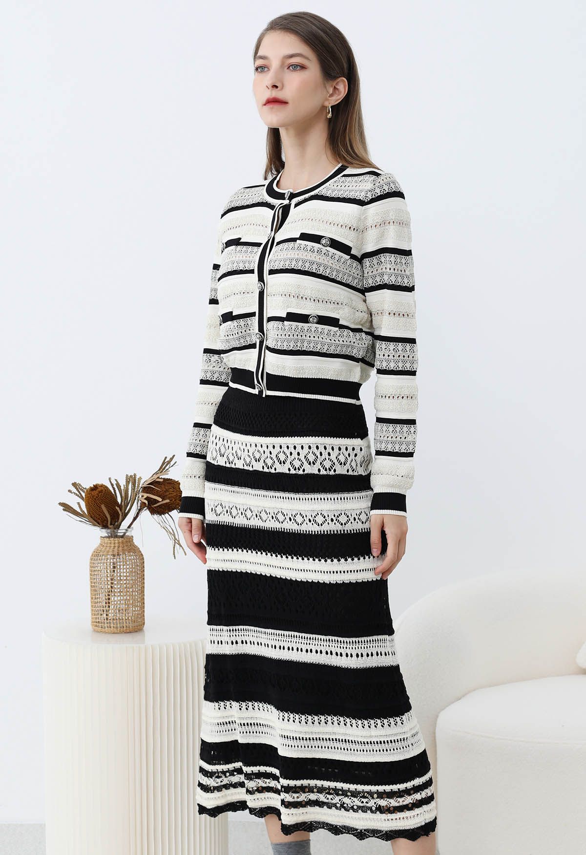 Striped Pointelle Lace Knit Button Cardigan in Black