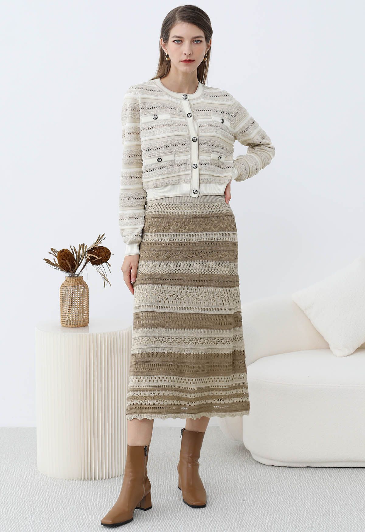 Striped Pointelle Lace Knit Midi Skirt in Oatmeal