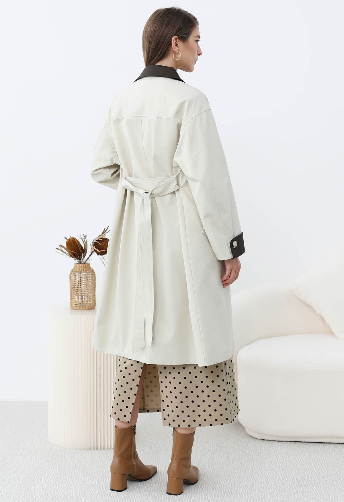 Contrast Faux Leather Trim Button Trench Coat in Ivory