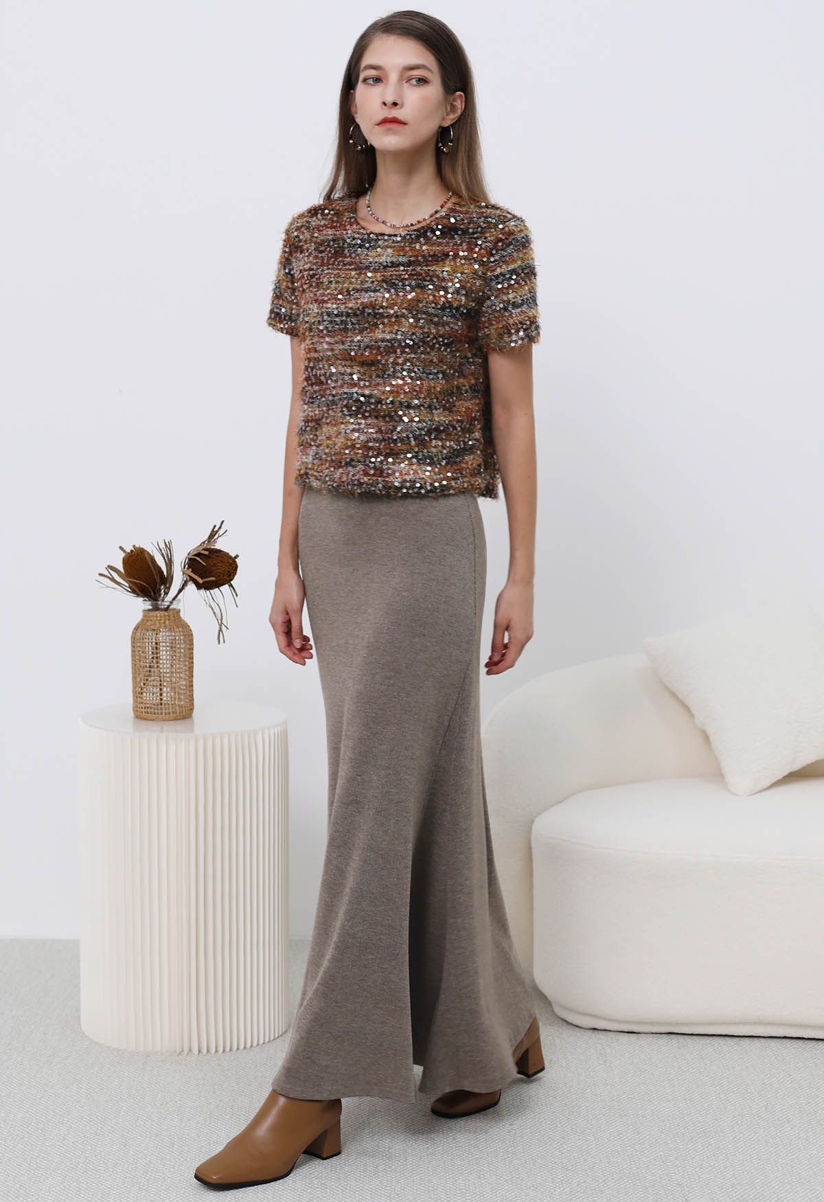 Soft Swirl Elegance Flare Maxi Skirt in Taupe