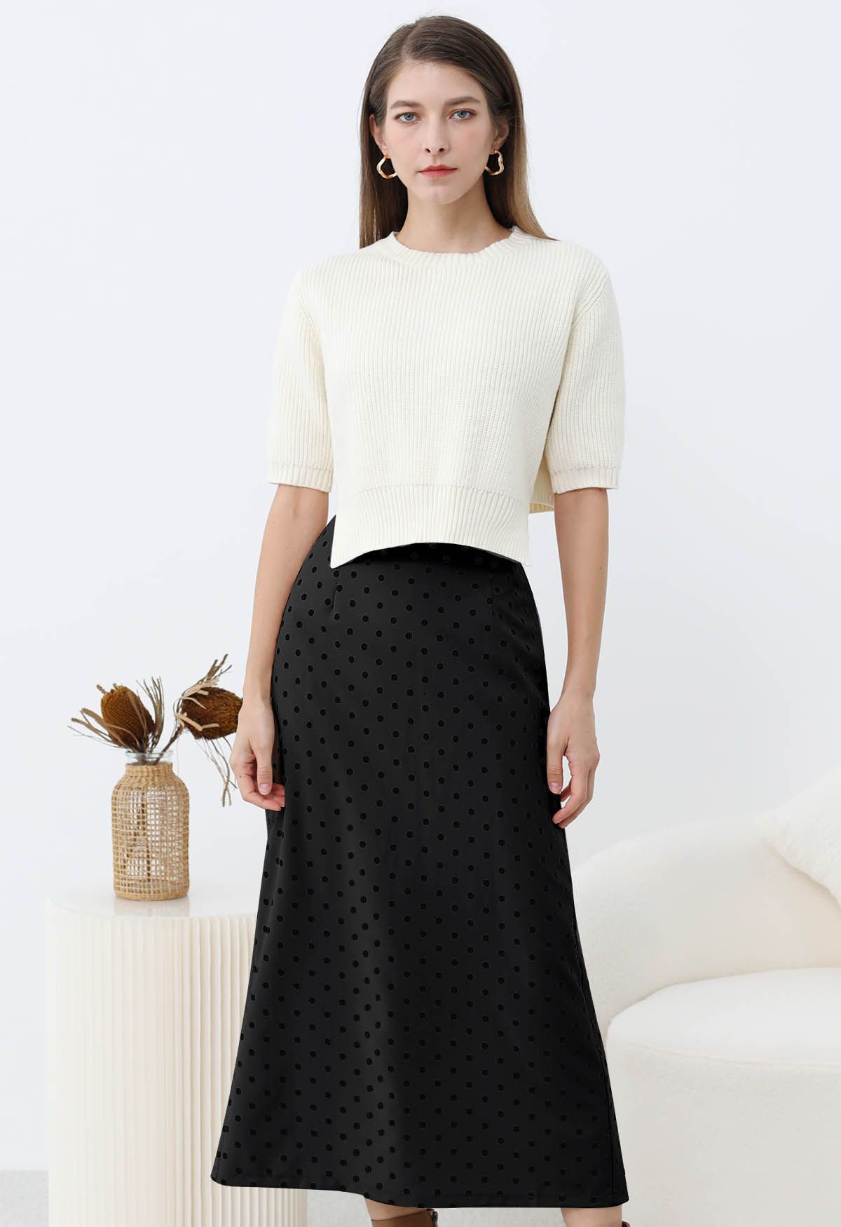 Velvet Polka Dot Back Slit Midi Skirt in Smoke