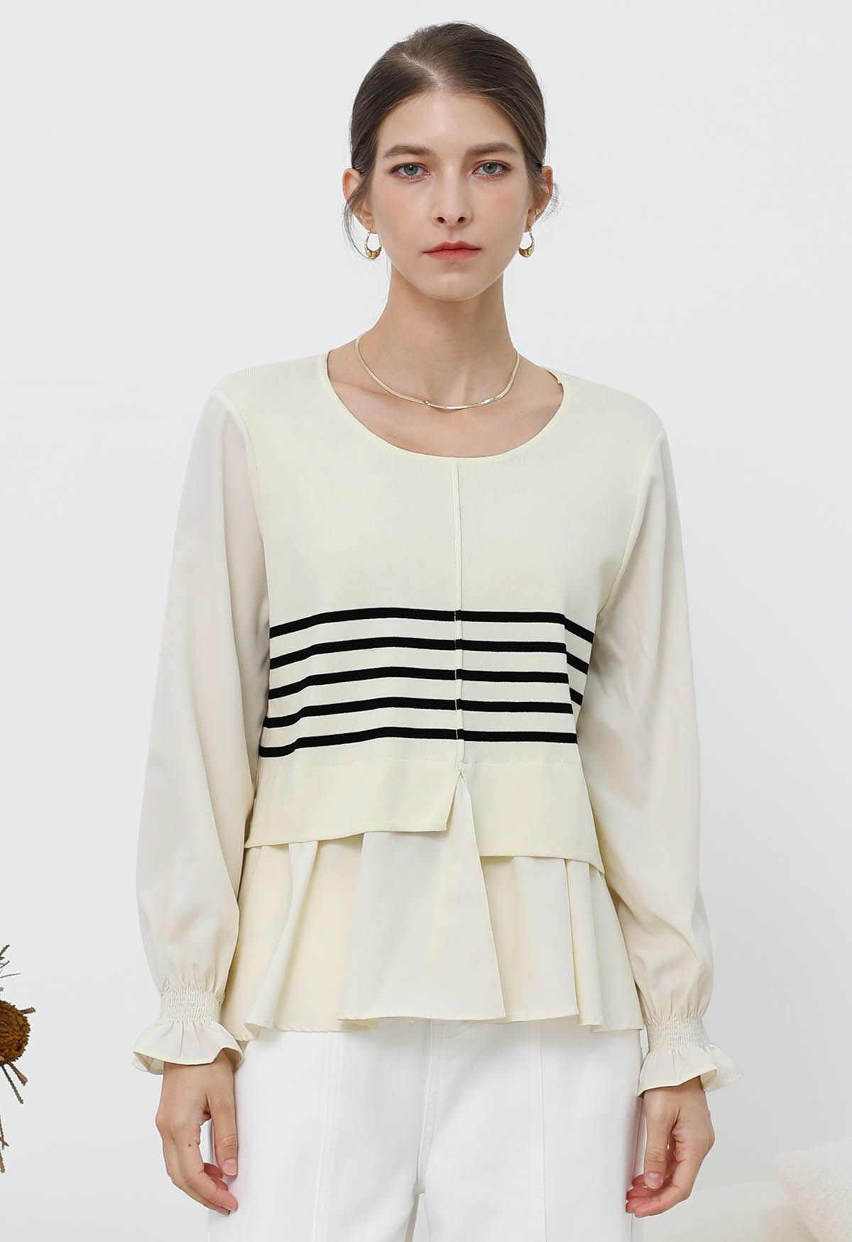 Chic Striped Knit Spliced Peplum Top in Cream