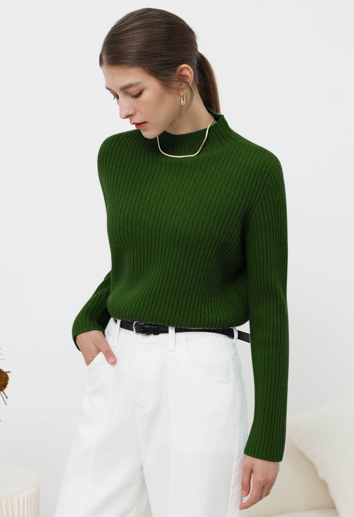 Elemental Mock Neck Long-Sleeve Wool Sweater in Dark Green