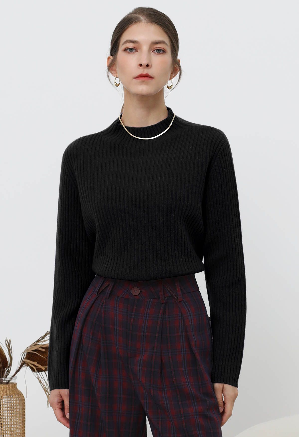 Elemental Mock Neck Long-Sleeve Wool Sweater in Black