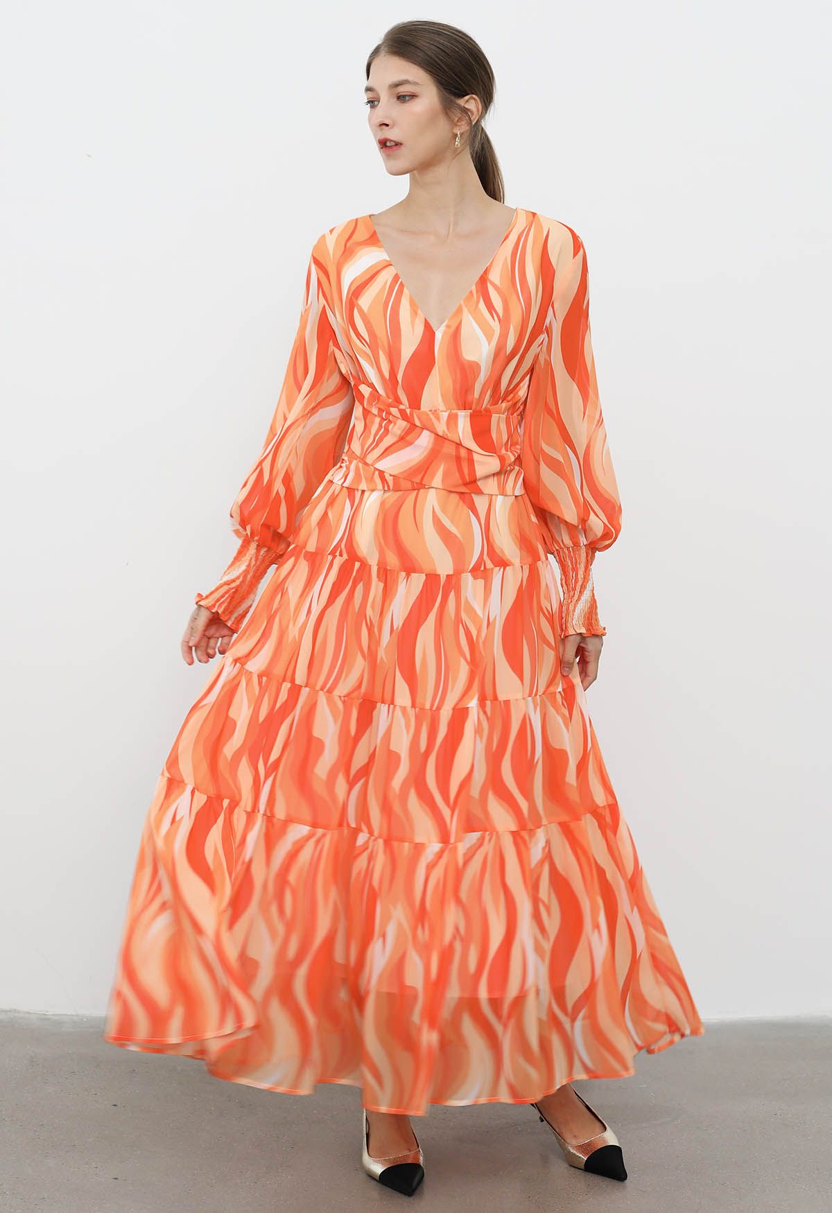 Orange Wave Crisscross Waist Chiffon Maxi Dress