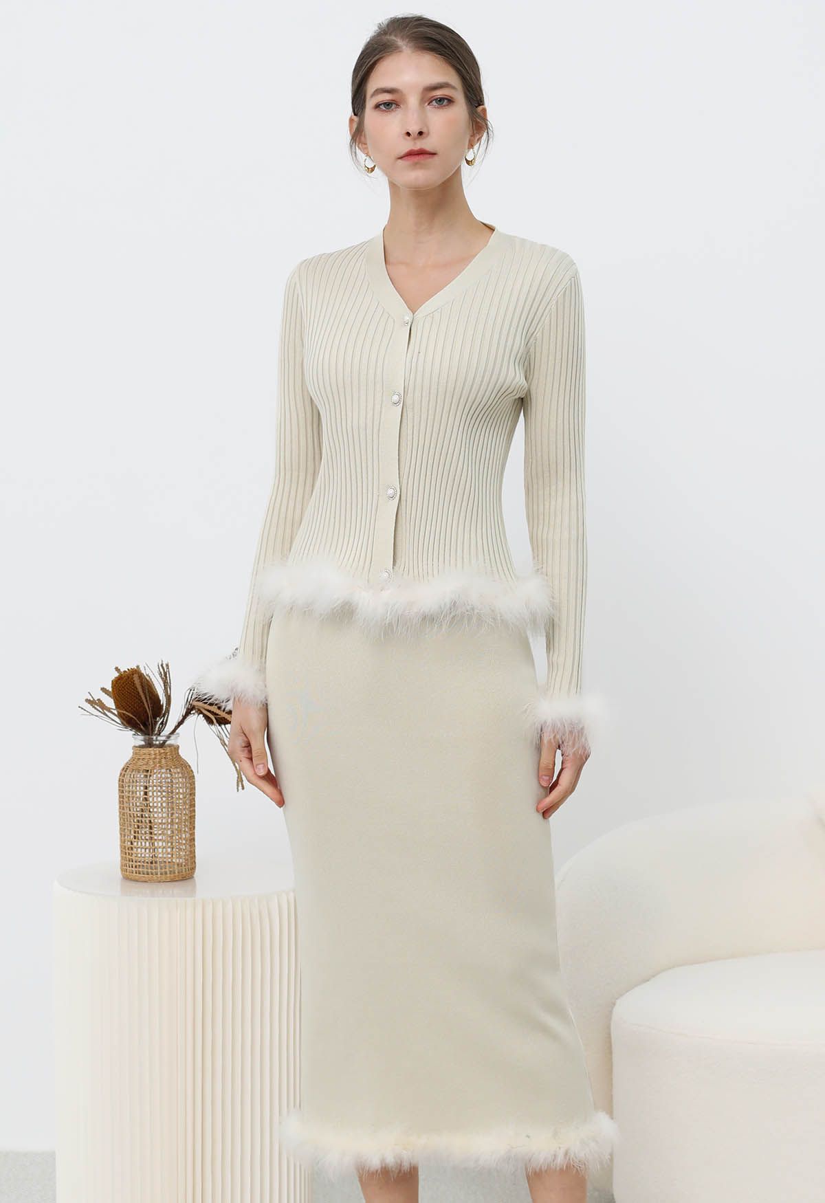 Feather Trim Button Knit Top and Midi Skirt Set in Ivory