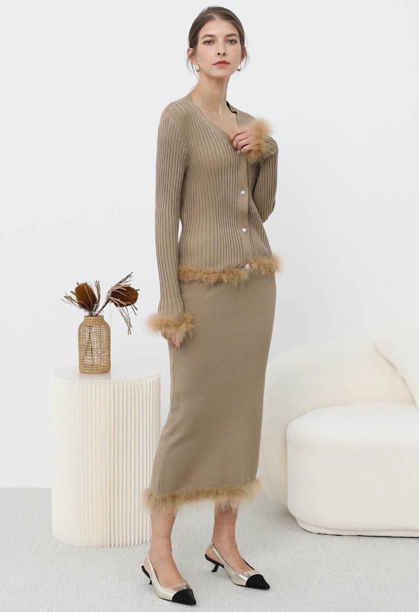 Feather Trim Button Knit Top and Midi Skirt Set in Khaki