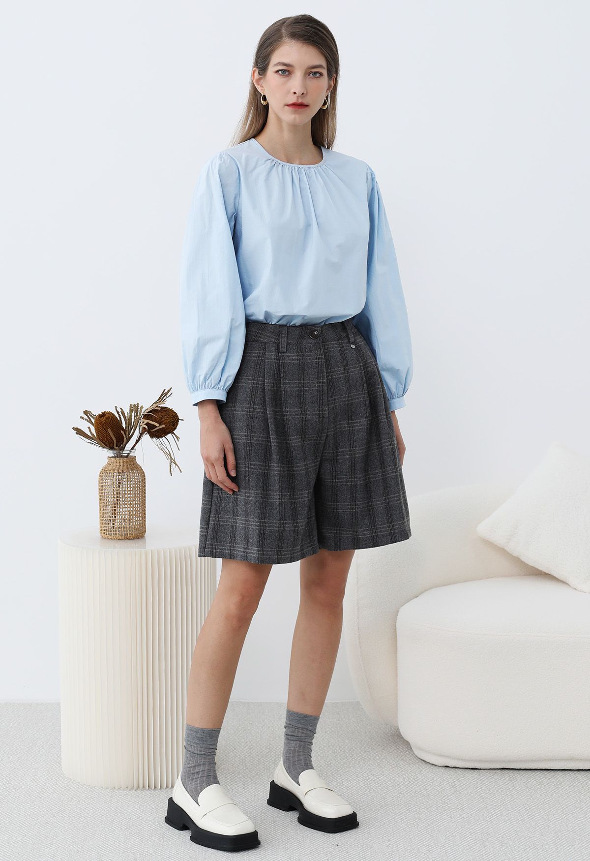 Easygoing Puff Sleeve Cotton Shirt in Sky Blue