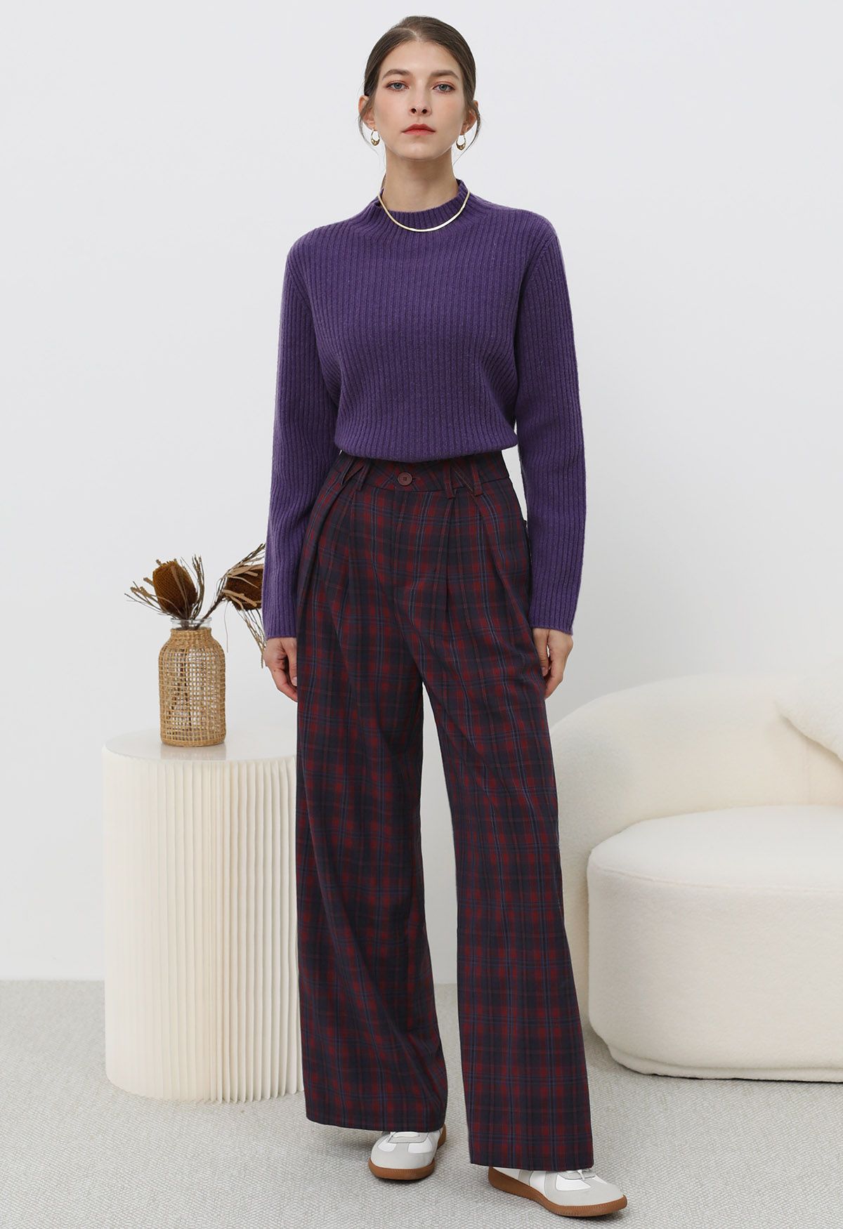 Throwback Plaid Wide-Leg Pants in Plum