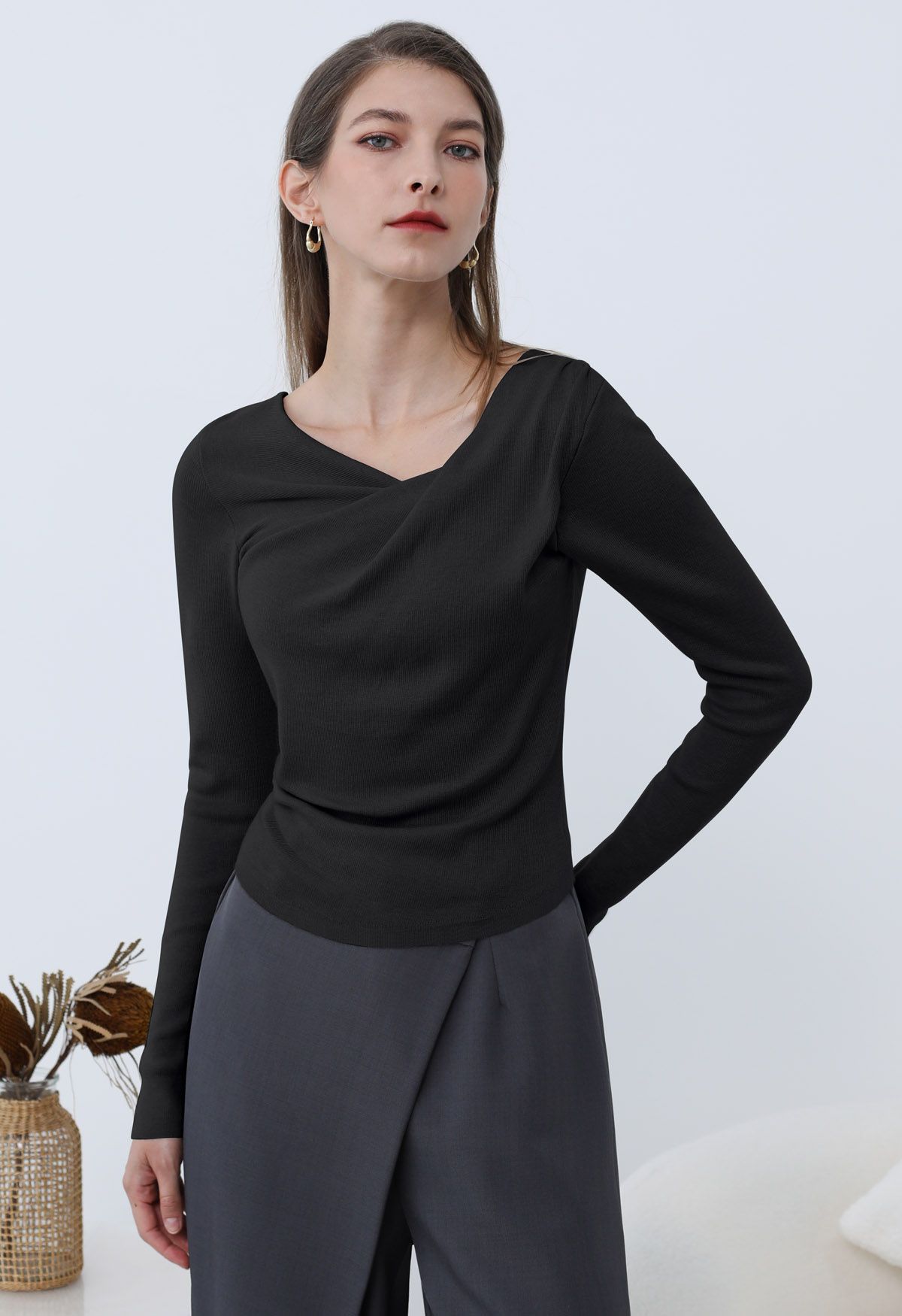 Gentle Crossover Long-Sleeve Knit Top in Black