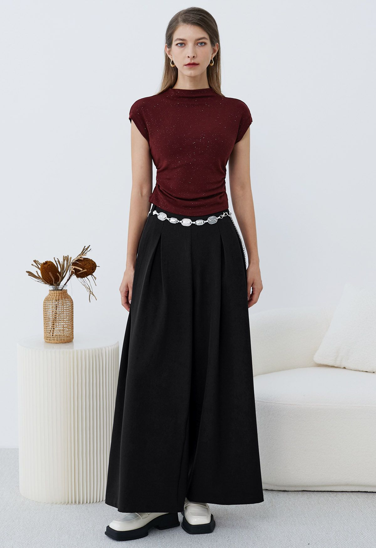 Chain-Embellished Pleated Palazzo Pants in Black