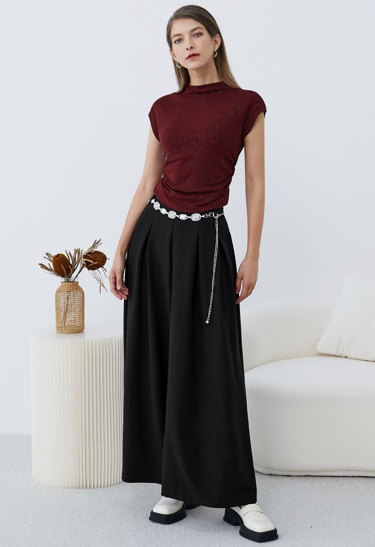 Chain-Embellished Pleated Palazzo Pants in Black