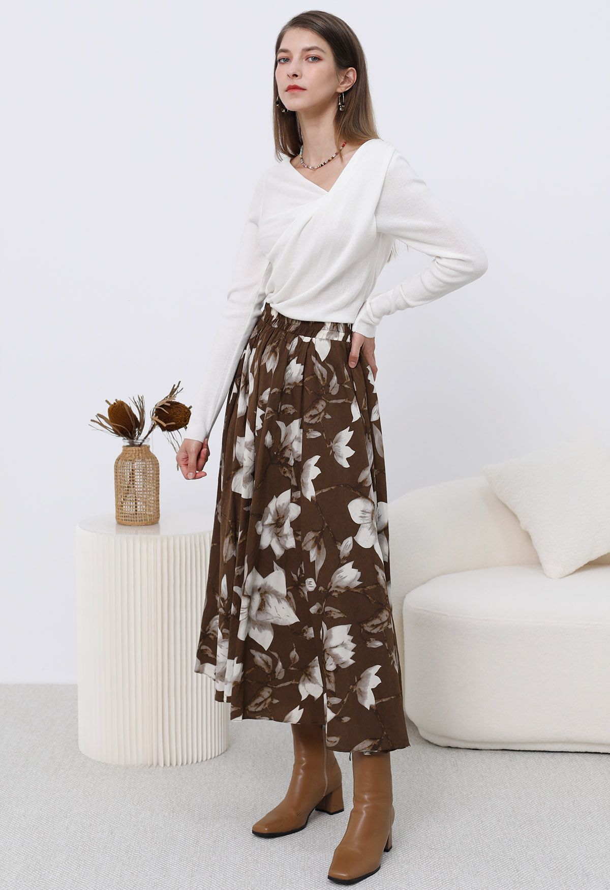 Magnolia Drift Pleated Midi Skirt 