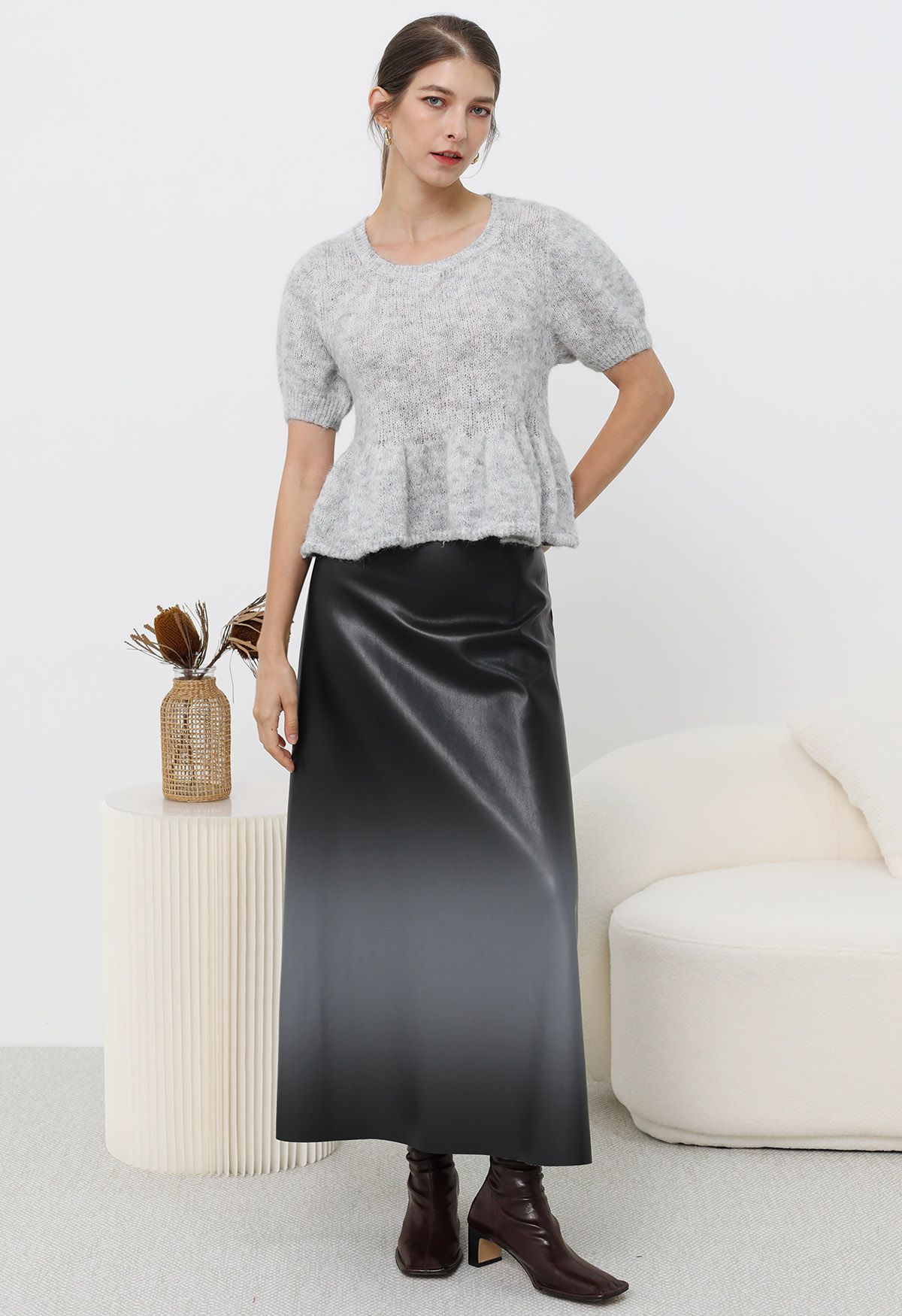 Ombre Faux Leather Maxi Skirt in Grey