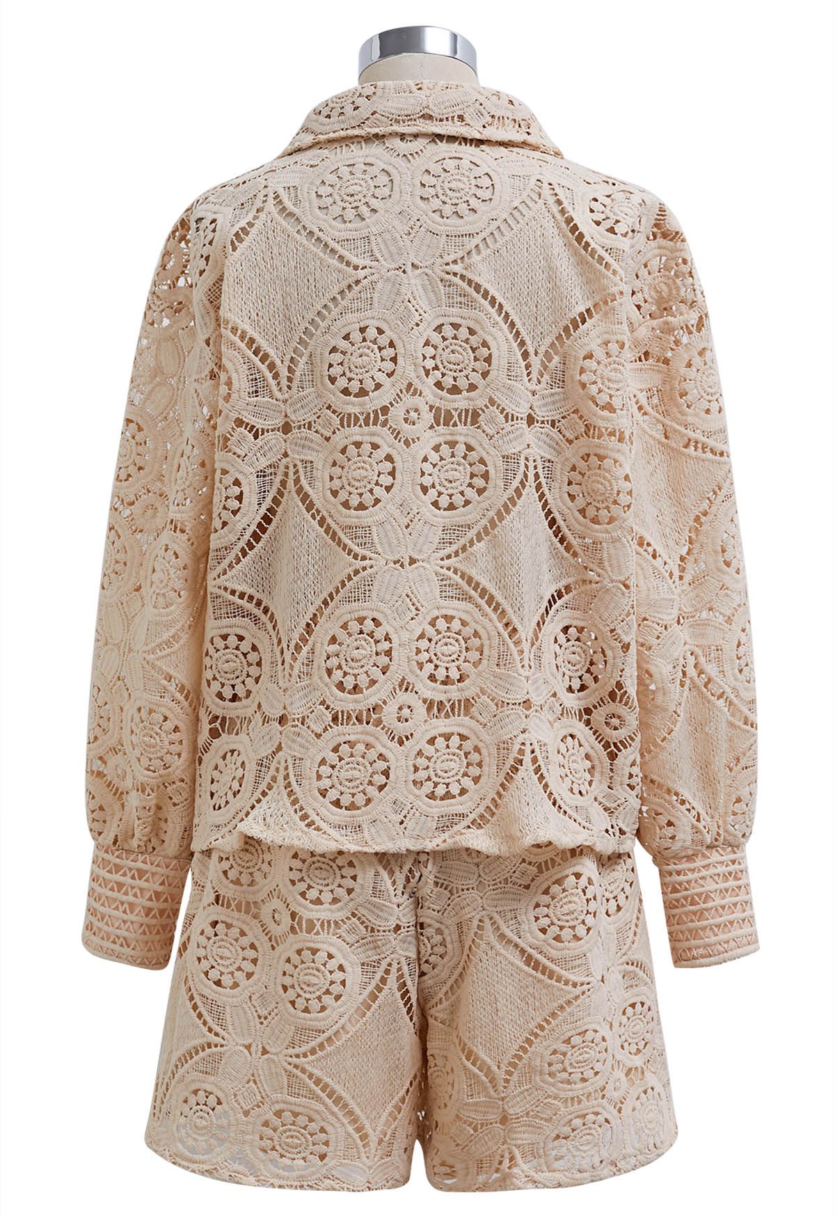 Guipure Lace Buttoned Shirt and Shorts Set in Apricot