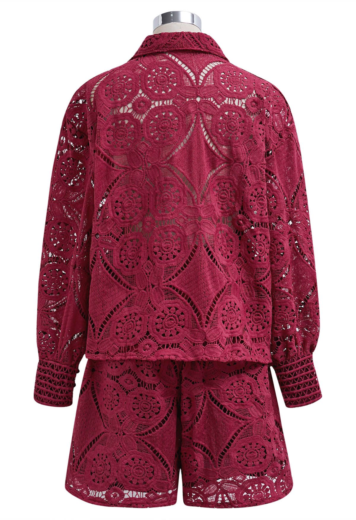 Guipure Lace Buttoned Shirt and Shorts Set in Rose Red