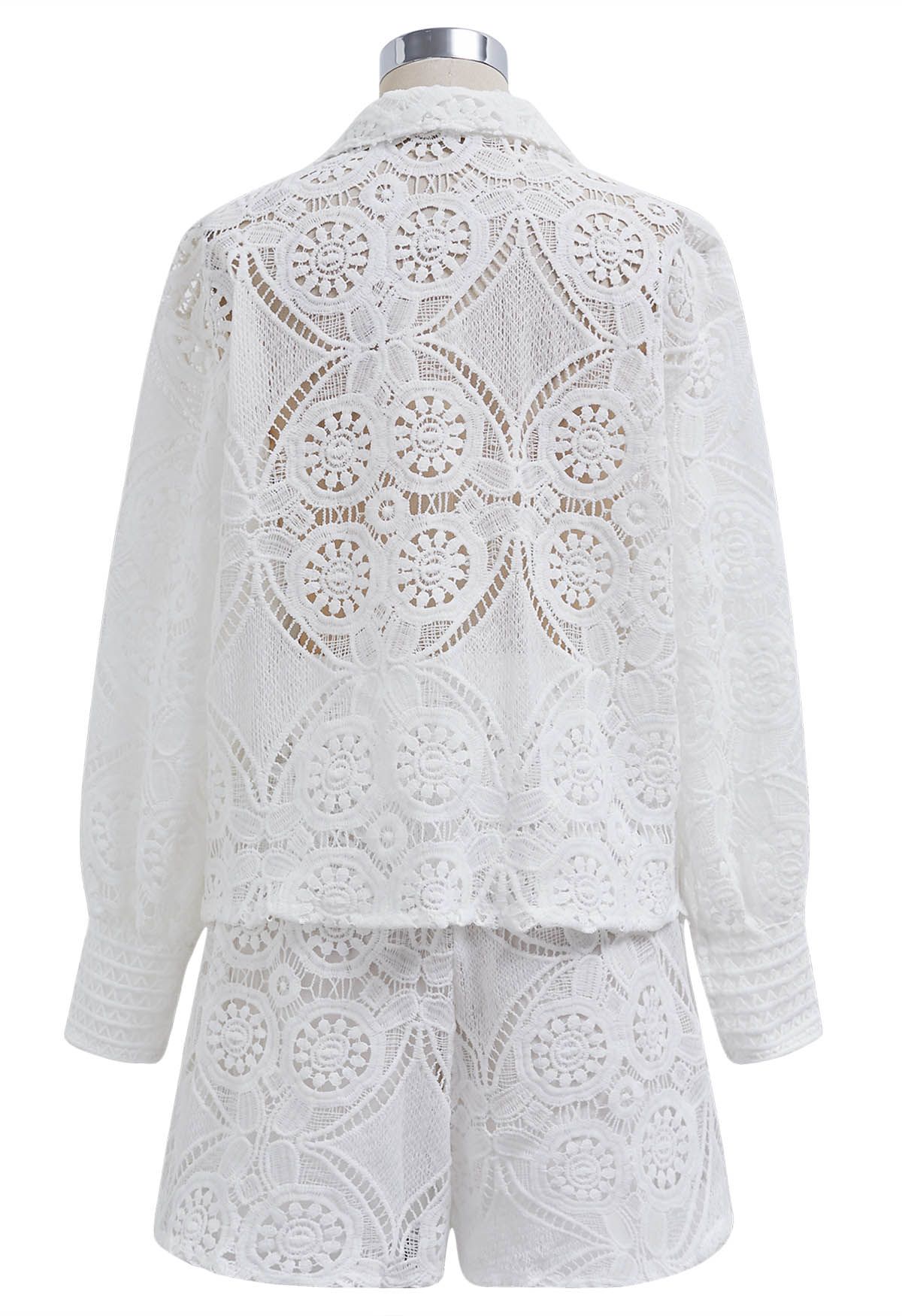 Guipure Lace Buttoned Shirt and Shorts Set in White