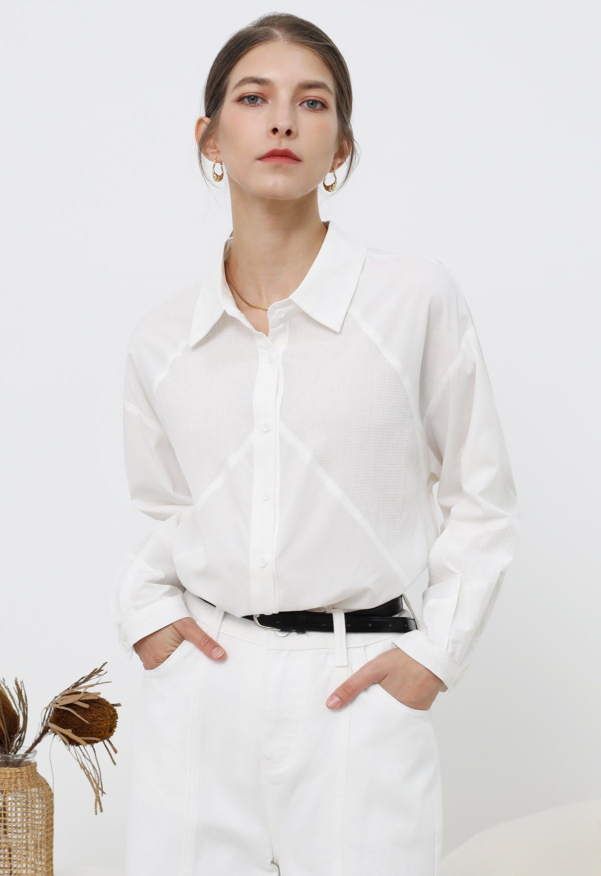 Geometric Panelled Cotton Button-Down Shirt in White