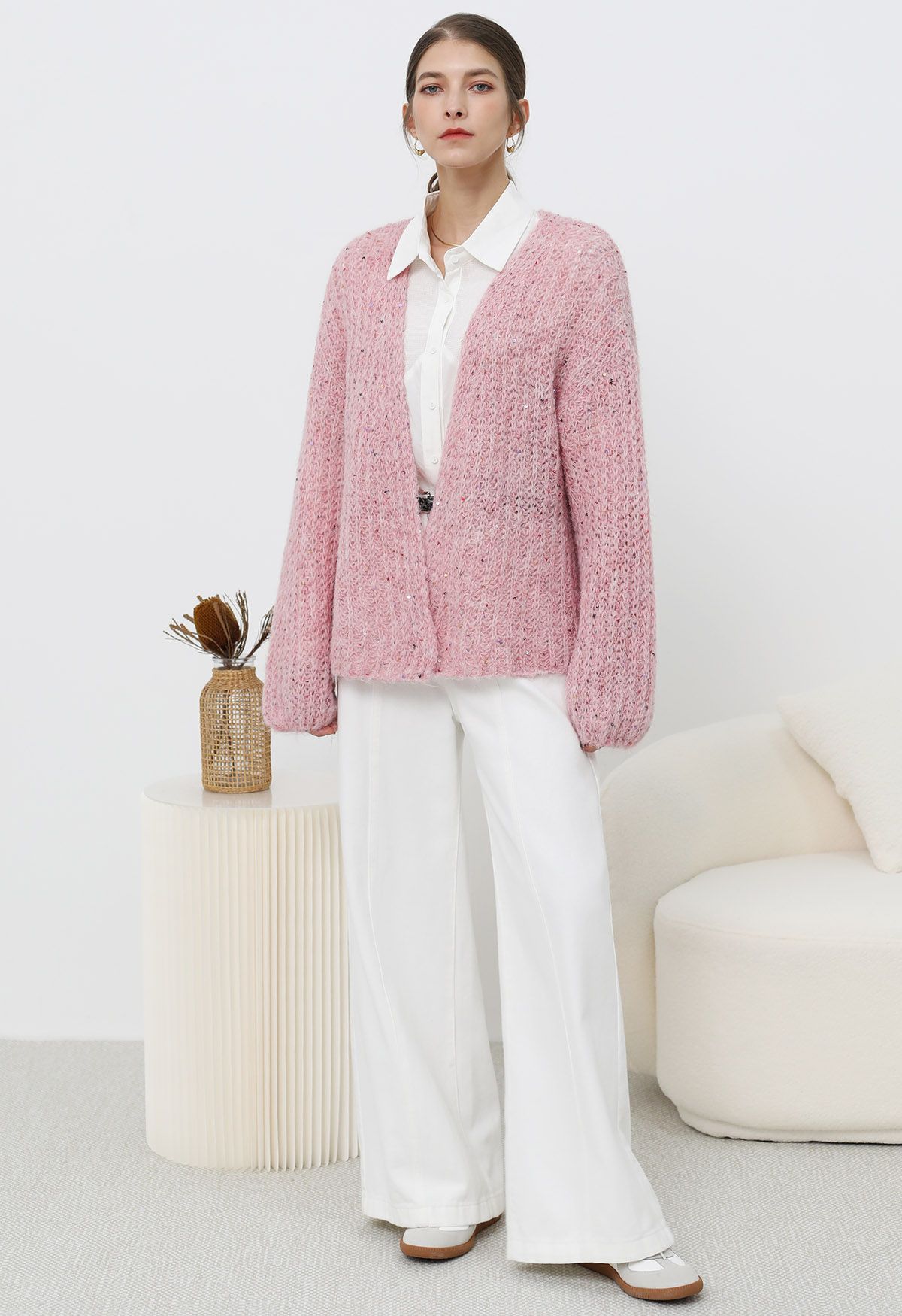 Colorful Sequin Open Front Cozy Knit Cardigan in Pink