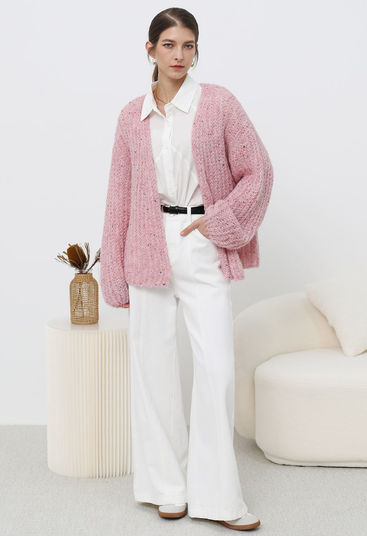 Colorful Sequin Open Front Cozy Knit Cardigan in Pink