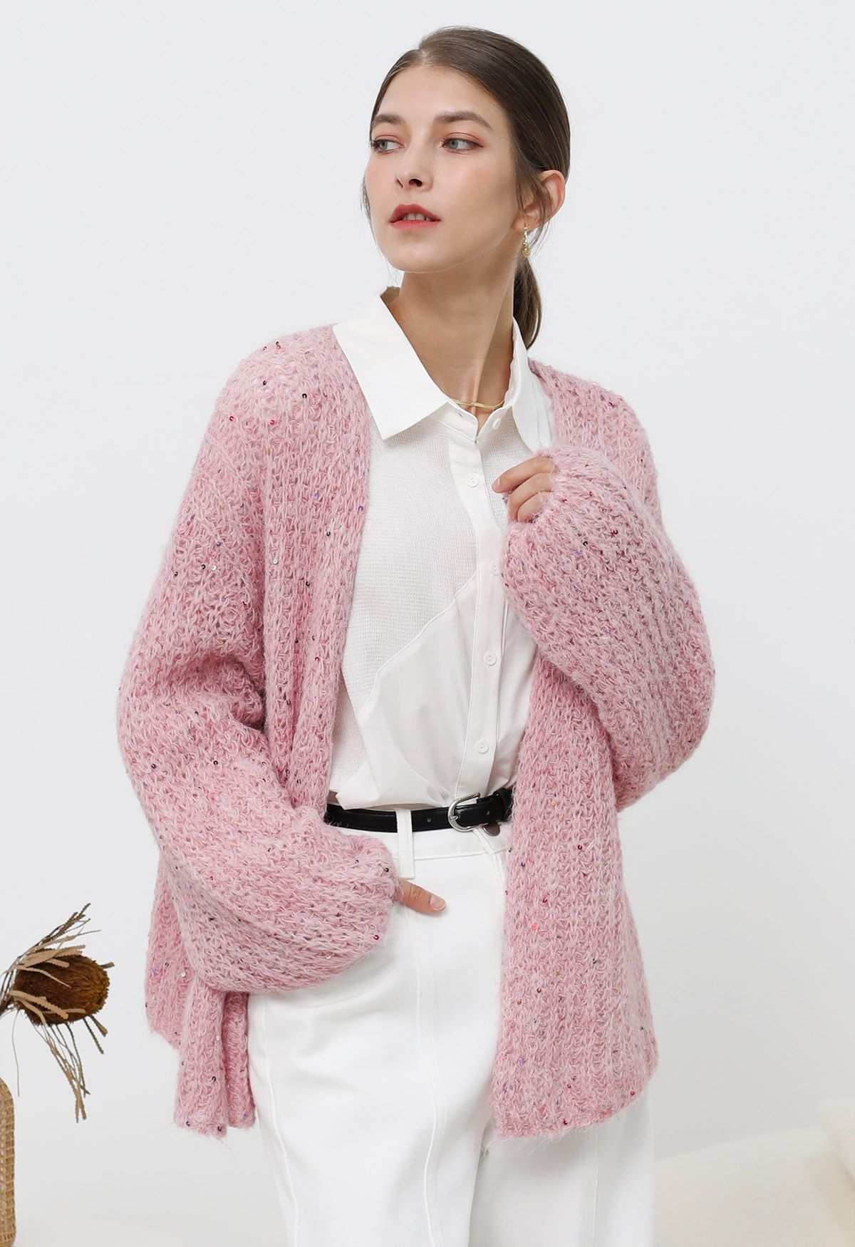 Colorful Sequin Open Front Cozy Knit Cardigan in Pink