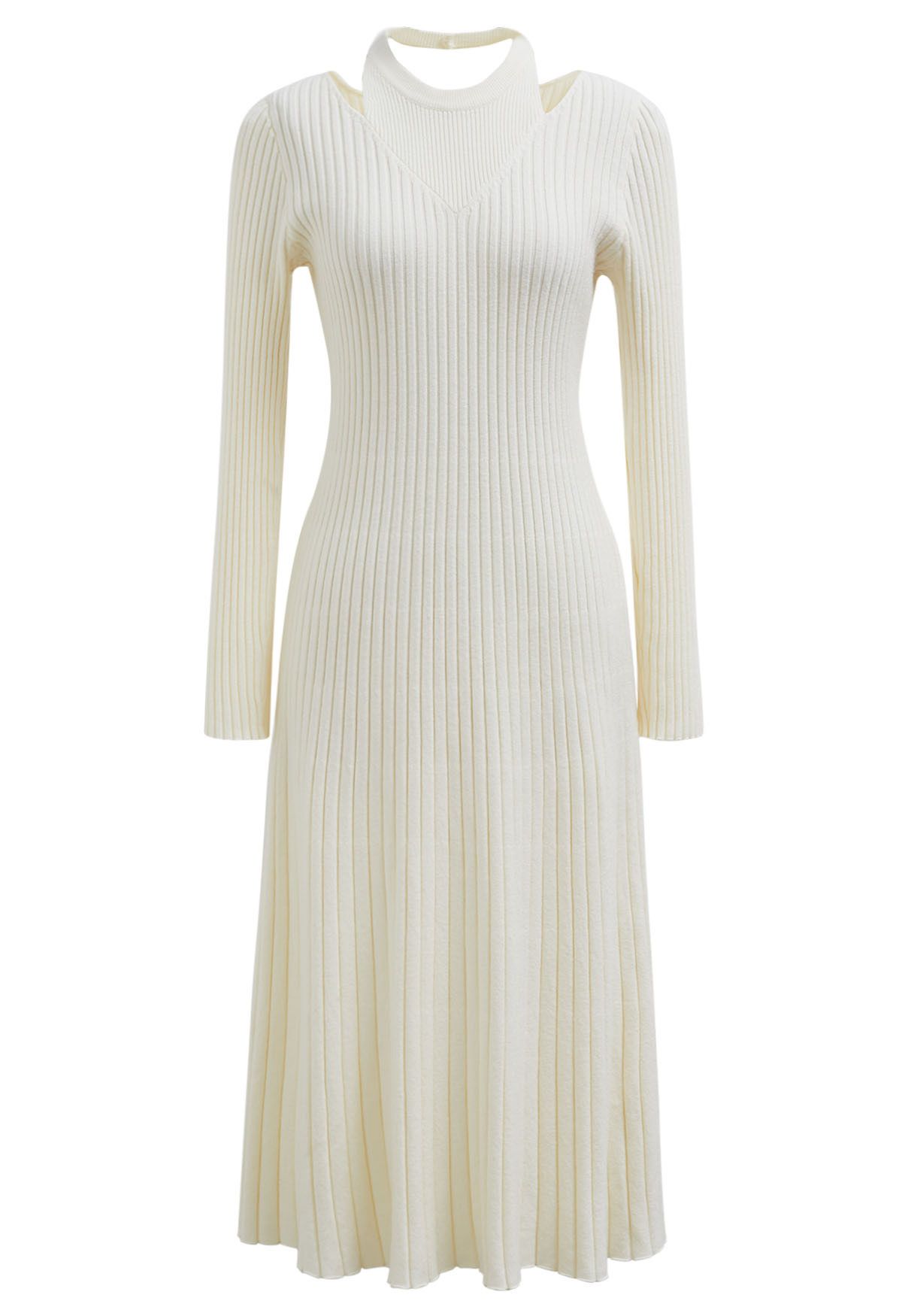 Cutout Neckline Ribbed Knit Midi Dress in Cream