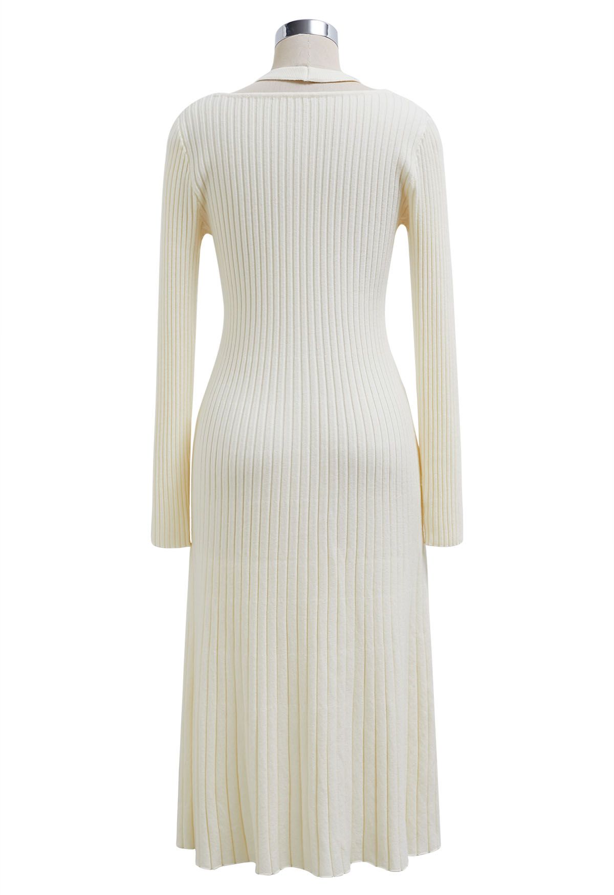 Cutout Neckline Ribbed Knit Midi Dress in Cream