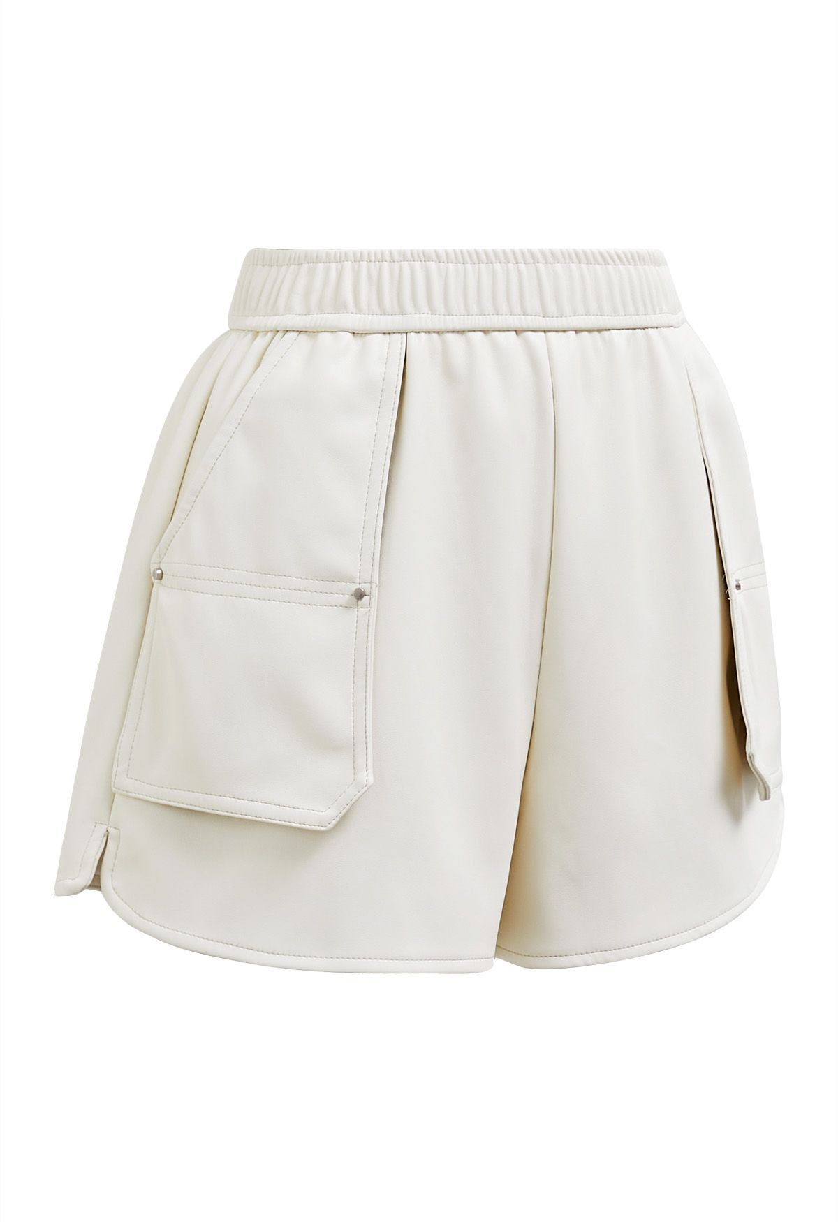 Patch Side Pocket Faux Leather Utility Shorts in Ivory