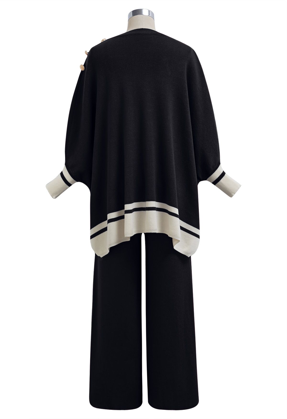 Contrast Detail Knit Poncho and Pants Set in Black