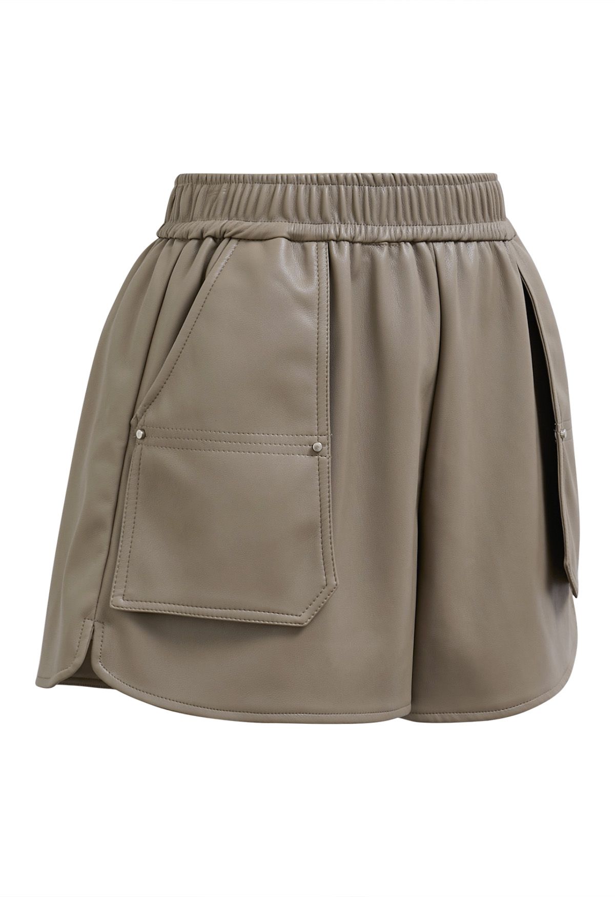 Patch Side Pocket Faux Leather Utility Shorts in Khaki