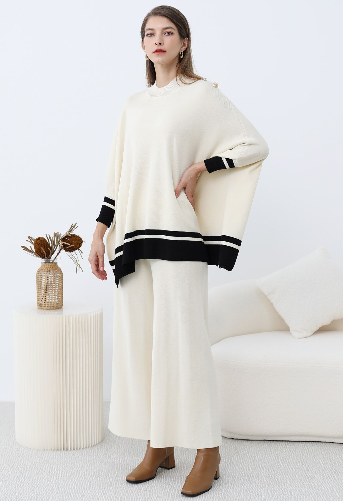 Contrast Detail Knit Poncho and Pants Set in Cream