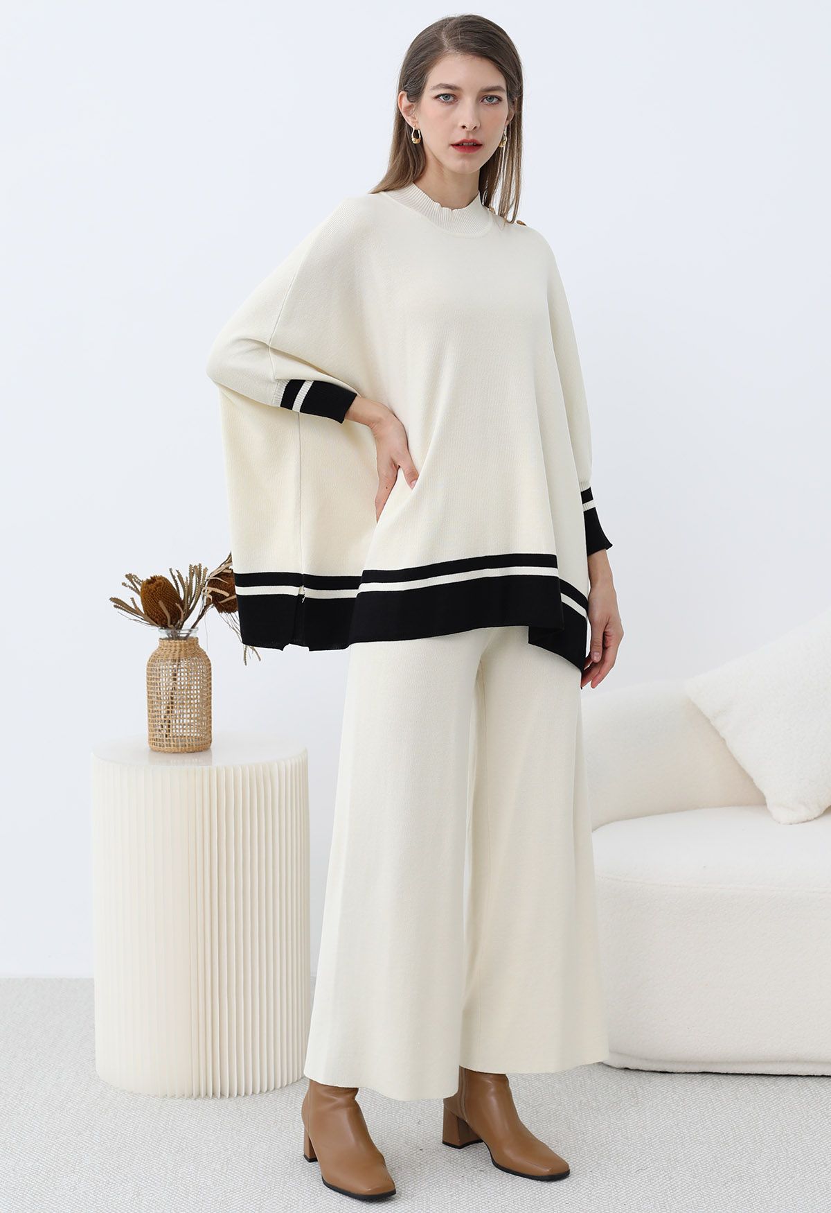 Contrast Detail Knit Poncho and Pants Set in Cream