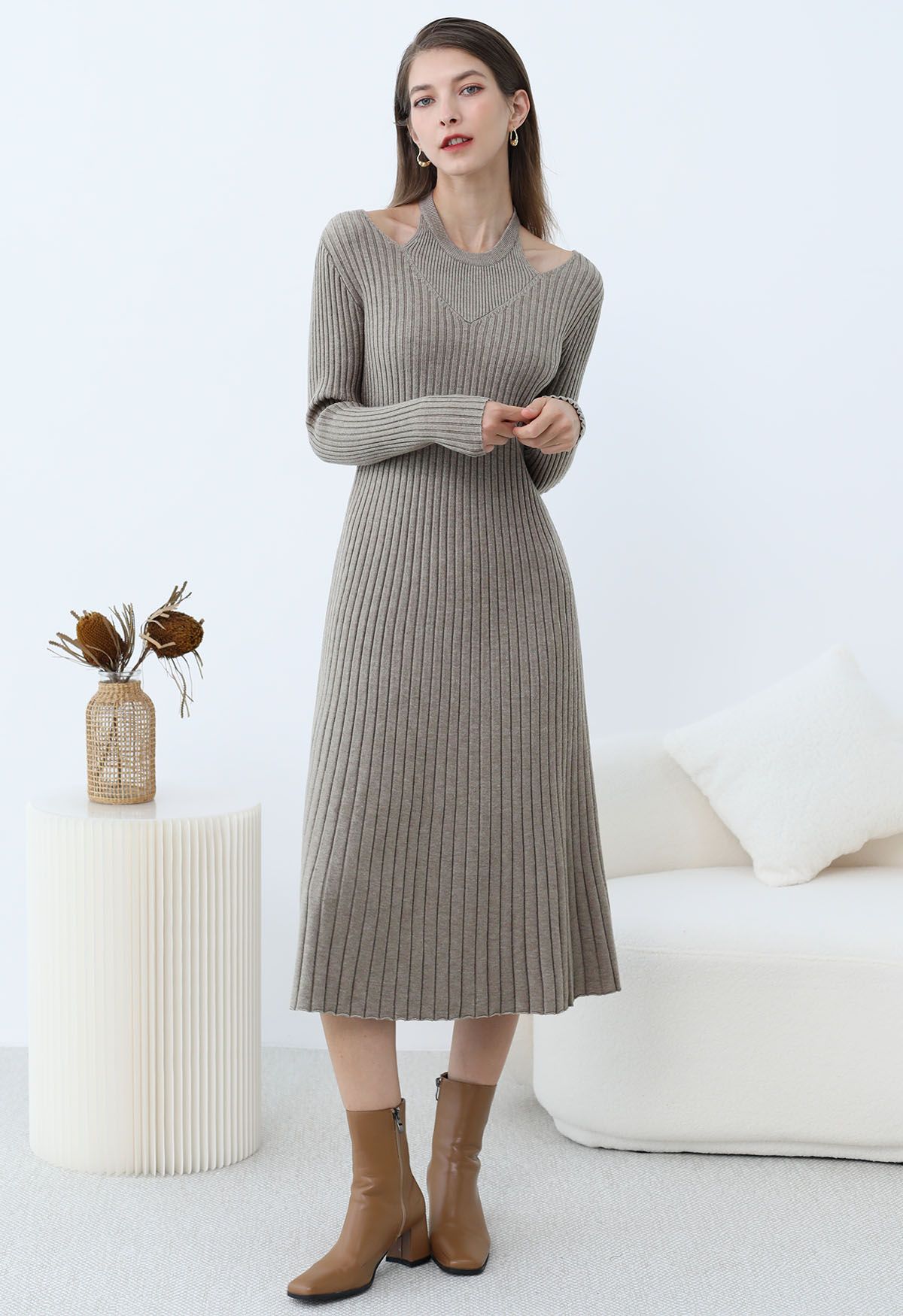 Cutout Neckline Ribbed Knit Midi Dress in Taupe