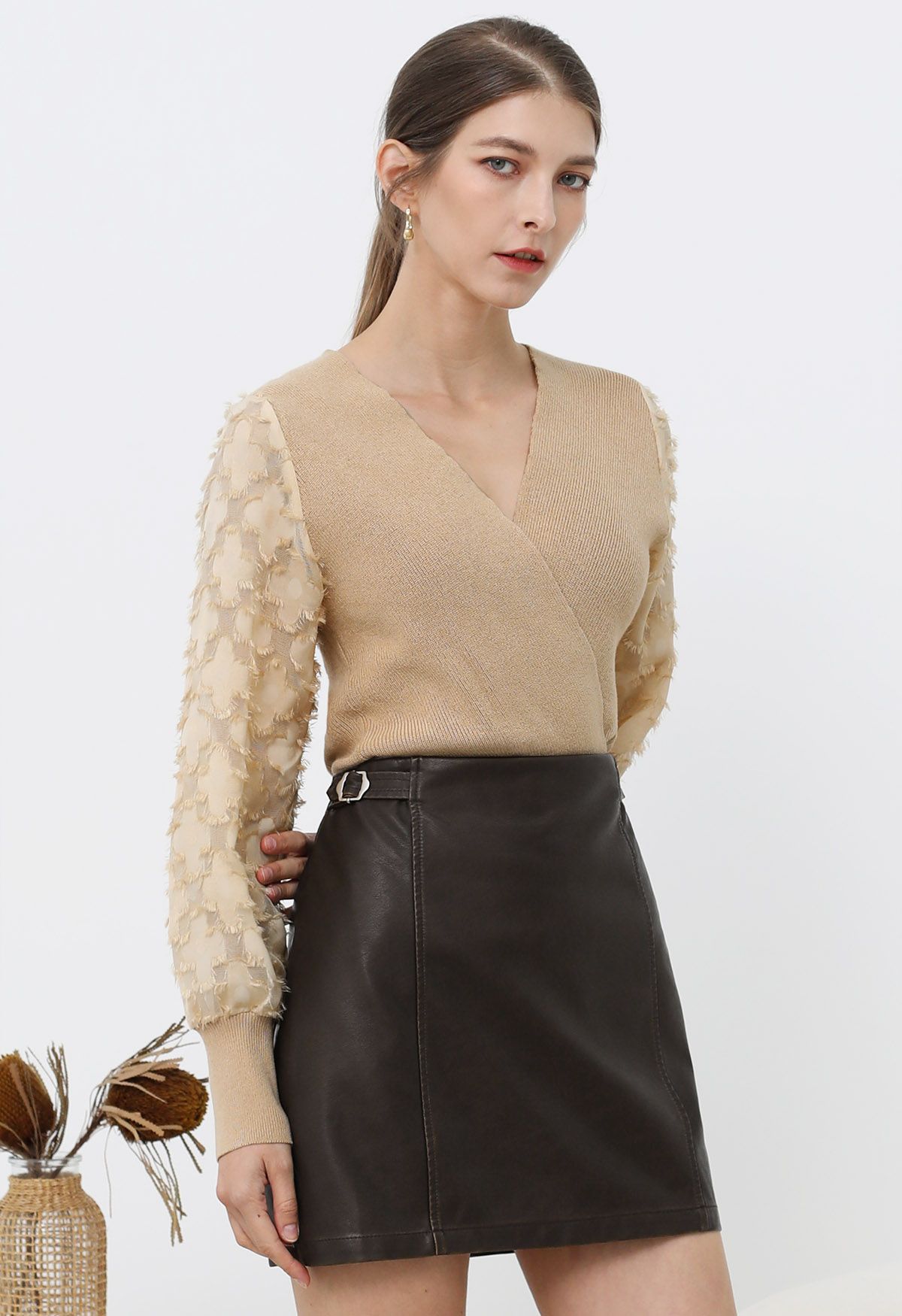 Fuzzy Floral Mesh Sleeve Spliced Faux-Wrap Knit Top in Light Tan